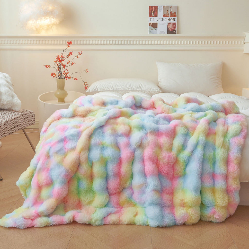 Decorative Knitted Fluffy Faux Rabbit Fur Bubble Throw, Rainbow Plush Shaggy Blanket for Couch Sofa Chair, Soft Tie Dye Furry Blanket Ad... - Lightweight Plush Warm Blanket for All Seasons - Default Title