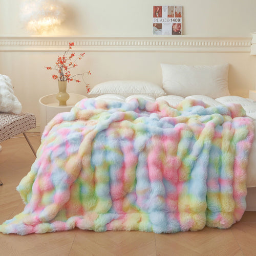 Decorative Knitted Fluffy Faux Rabbit Fur Bubble Throw, Rainbow Plush Shaggy Blanket for Couch Sofa Chair, Soft Tie Dye Furry Blanket Ad... - Lightweight Plush Warm Blanket for All Seasons - Default Title