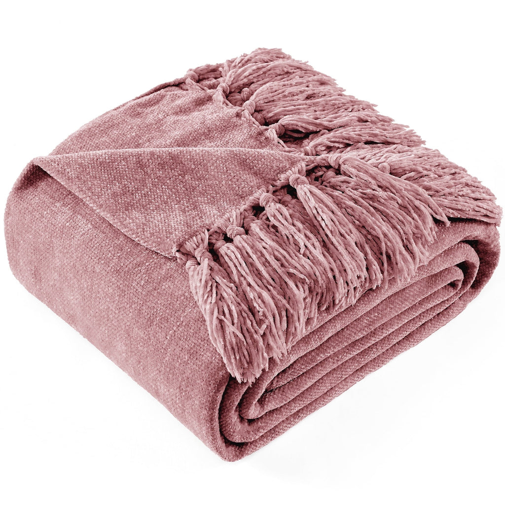 Decorative Knitted Chenille Throw Blanket with Fringe Tassel for Couch Sofa Chair Bed, Mauve 50" X 70" - Super Soft Reversible Sherpa Flannel Blanket - Default Title