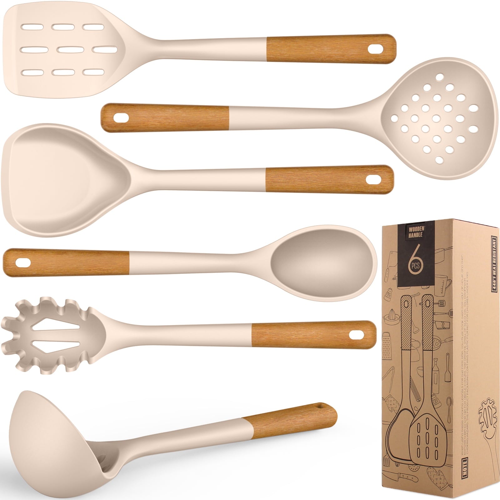 Ergonomic Cooking Large Silicone Cooking Utensils - Heat Resistant Kitchen Utensil Set with Wooden Handles, Spatula,Turner, Slotted Spo... - Premium Stainless Steel Cooking Utensil for Non-Stick Pots - Default Title
