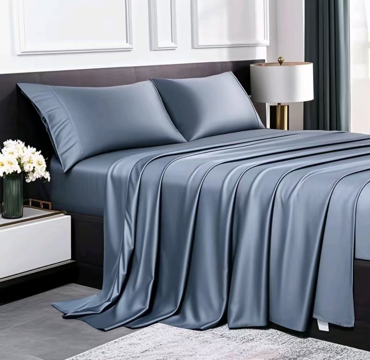 Cooling Sateen Luxury Bamboo Bed Sheets Set Full 4 Pcs for Adult,Soft&Cool,16" Deep Pocket,Blue Gray - Luxury Bed Sheet Set with Deep Pockets - Default Title