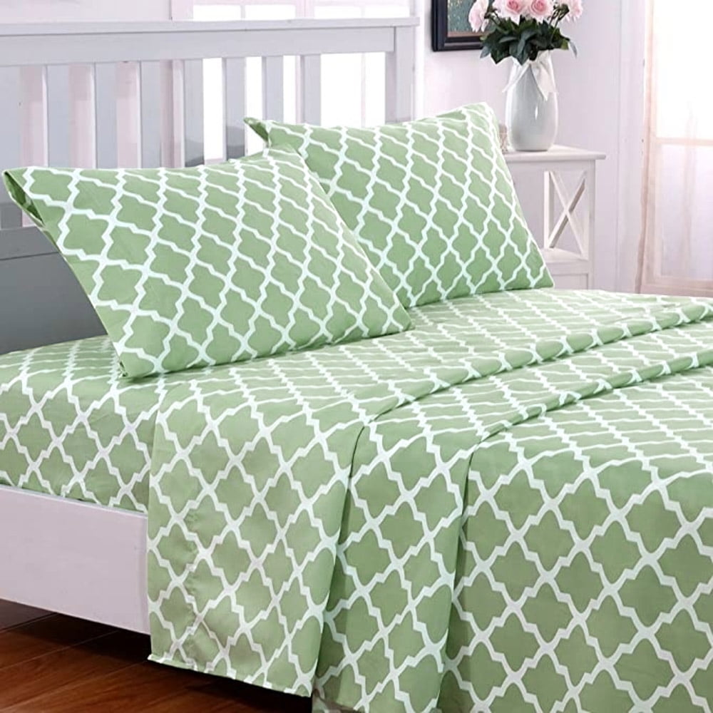 Wrinkle-Resistant Quatrefoil Bed Sheet Set (King, Sage/White) 4 Piece Deep Pocket 1800 Series Microfiber Bed Sheet Set Contains 1 Fitte... - Breathable Egyptian Cotton Flat & Fitted Sheets - Default Title