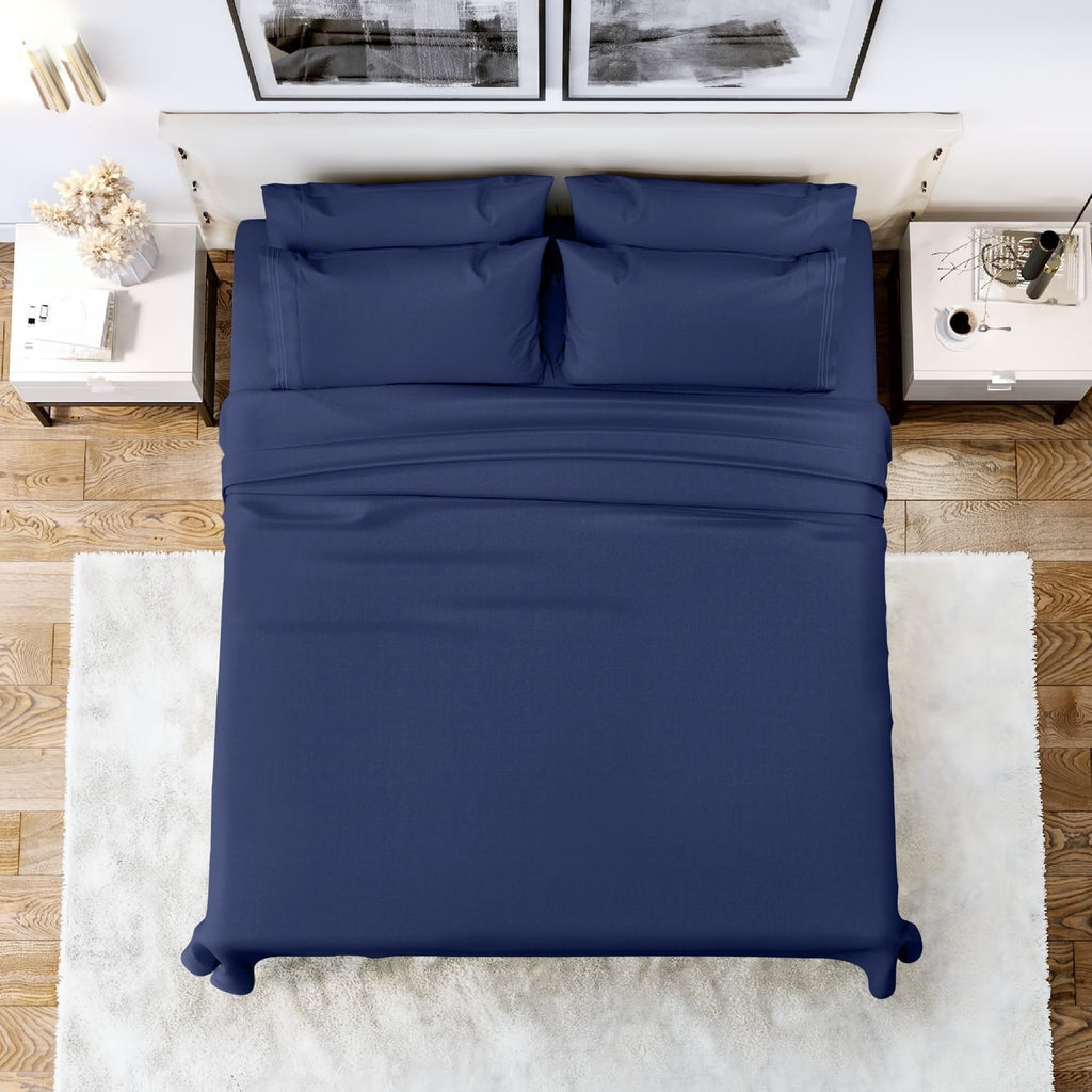 Cooling Sateen Queen Bed Sheets Set, 6 Pc Microfiber Bed Sheets, Extra Deep Pocket Queen Fitted Sheet, Flat Sheet & Pillowcases, Nav... - Cooling Hotel Quality Bedding Sheets and Pillowcases - Default Title