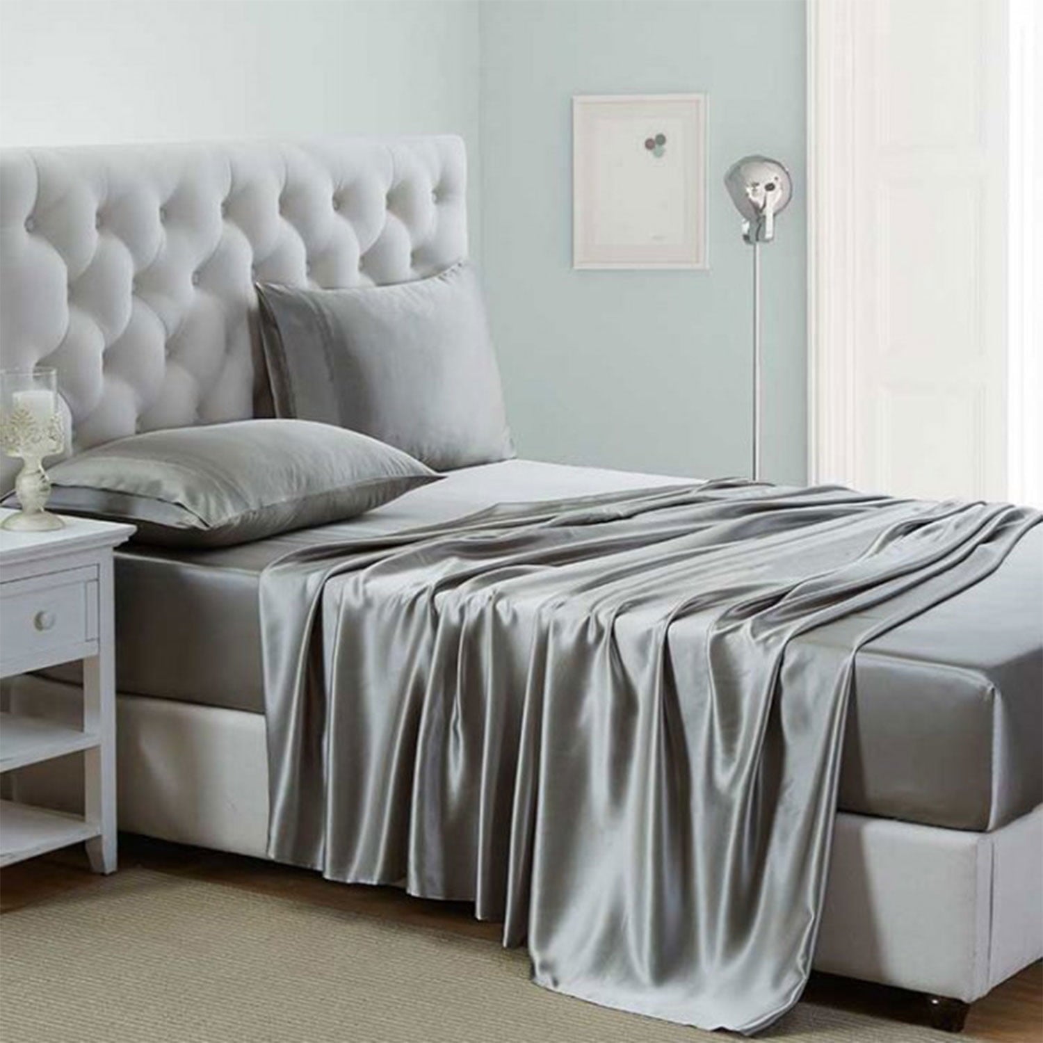Breathable Luxury Luxury Satin Sheets Set Full Size Light Gray, 4-Piece Bedding Sets with Deep Pockets - Soft and Smooth Satin Bed Shee... - Luxury Bed Sheet Set with Deep Pockets - Default Title