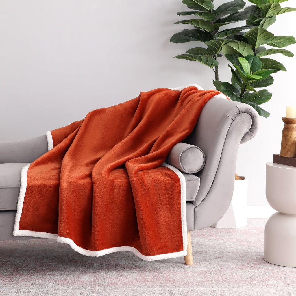 Decorative Knitted Reversible Printed Velvet Plush and Hampshire Faux Shearling Soft Throw Blanket, Standard Size, Auburn Sun - Luxury Knitted Decorative Throw Blanket with Fringes - Default Title