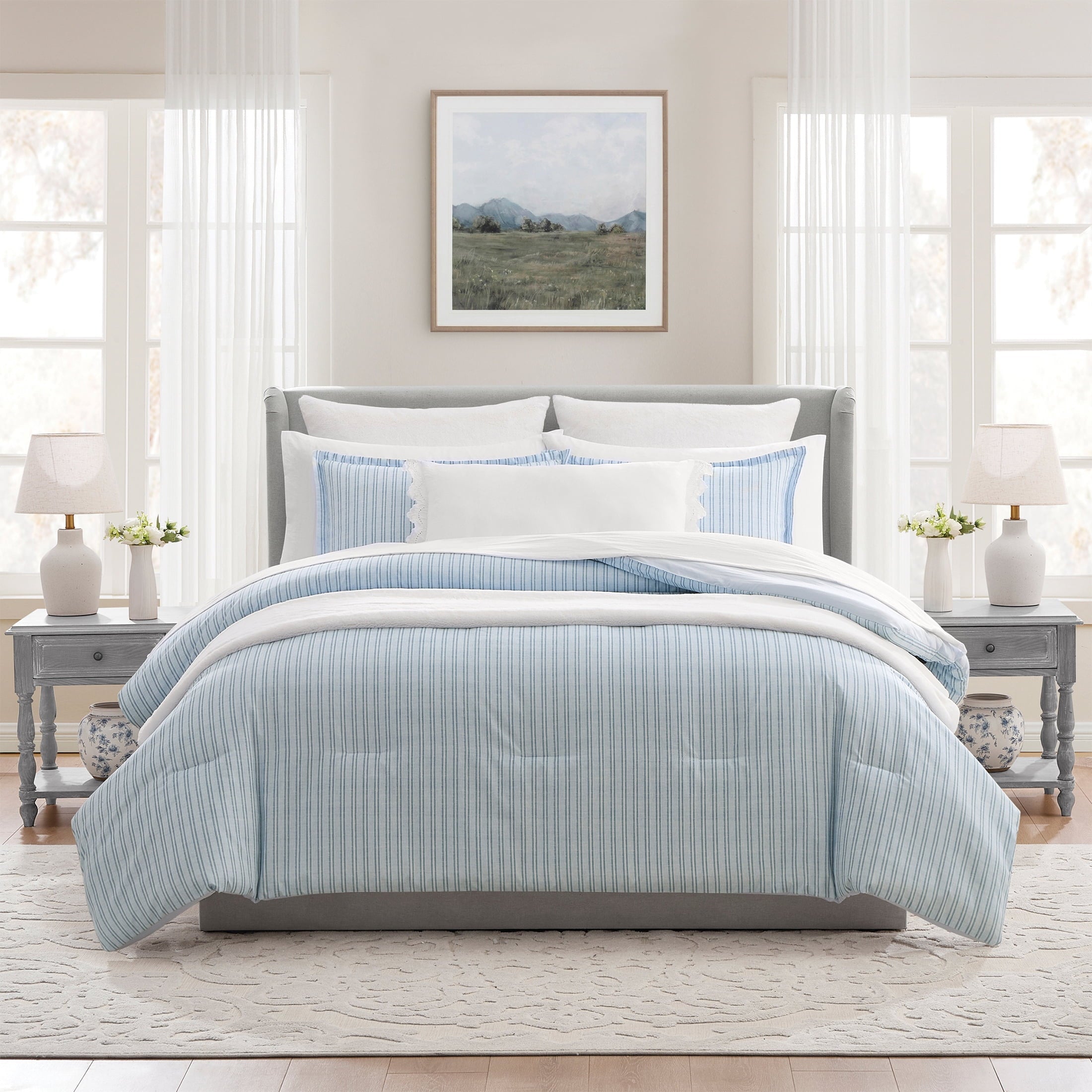 Luxurious Quilted Stripe 11-Piece Comforter Set with Sheets, Blue, Queen - All-Season Down Alternative Comforter Insert - Default Title