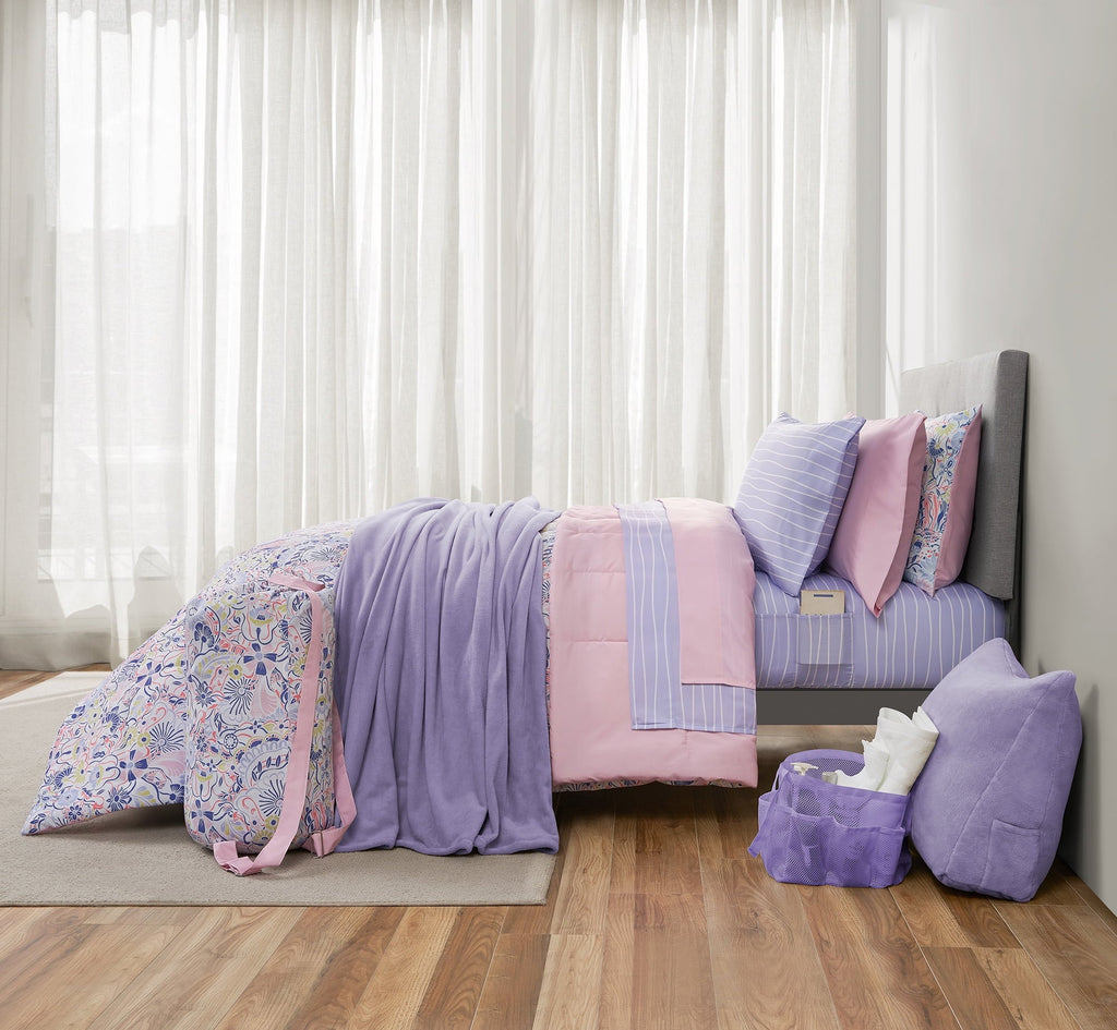 Heavyweight Warmth 14pc College Dorm Essentials Bundle, Twin-XL, Reversible Bed in a Bag Comforter Set, Purple Floral - Luxurious Quilted Duvet Cover Set - Default Title