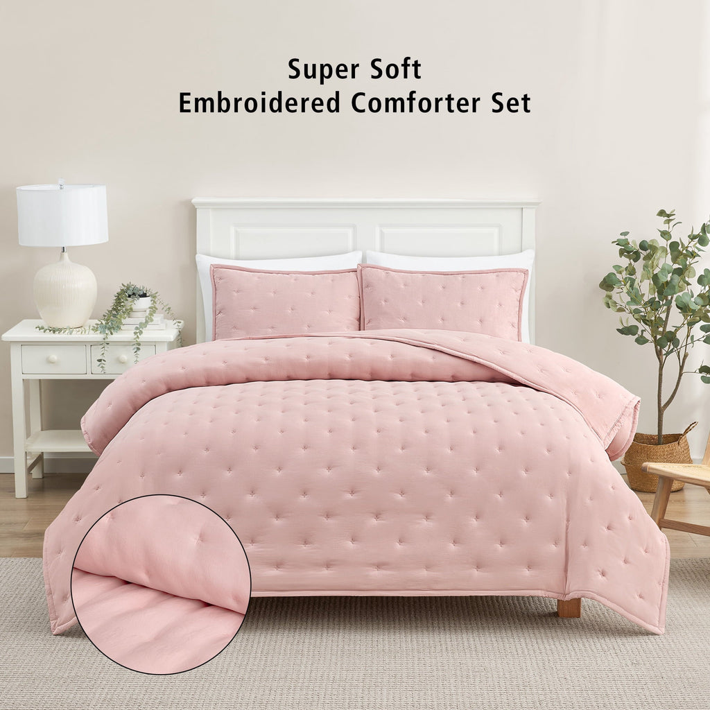 Luxurious Quilted Full/Queen Comforter Set, Super Soft & Embroidered, 3-Piece, Pink - Luxurious Quilted Duvet Cover Set - Default Title