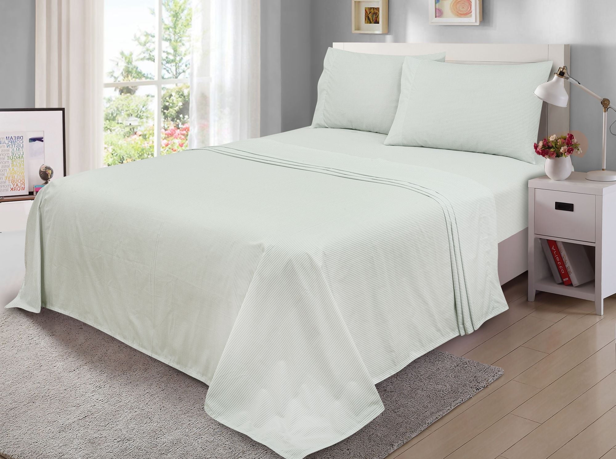 Wrinkle-Resistant Easy Care 300 Thread Count Cotton Rich Percale Sheet Set, King, Grey Stripes - Cooling Hotel Quality Bedding Sheets and Pillowcases - Default Title