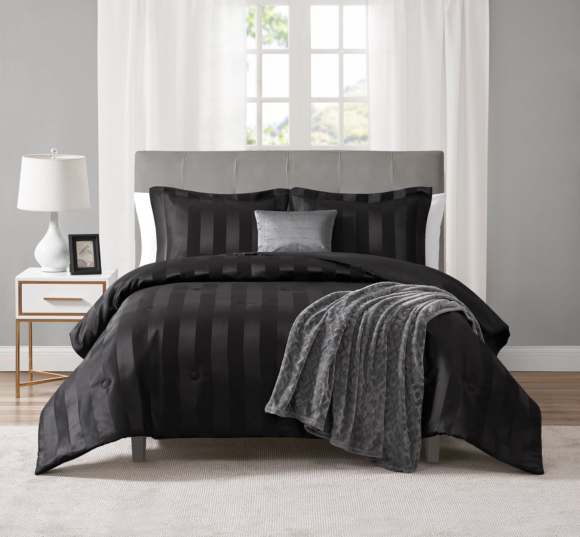 Heavyweight Warmth Rich Black 5 Piece Damask Stripe Comforter Set, King, Adult, Unisex - All-Season Down Alternative Comforter Insert - Default Title