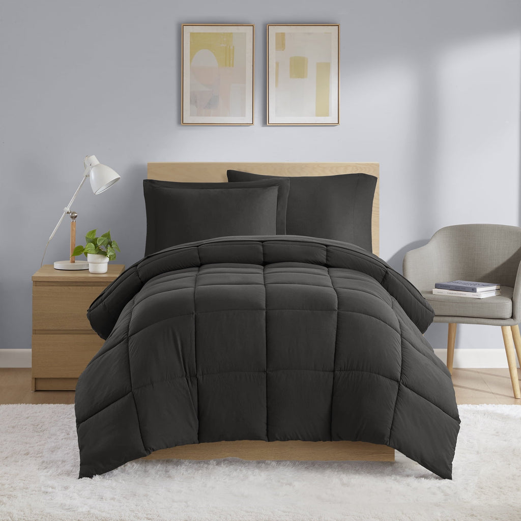 All-Season All in One Down Alt Reversible Comforter and Sheet set- 5 Piece, Twin, Black - Hypoallergenic Ultra-Fluffy Quilt for Winter - Default Title
