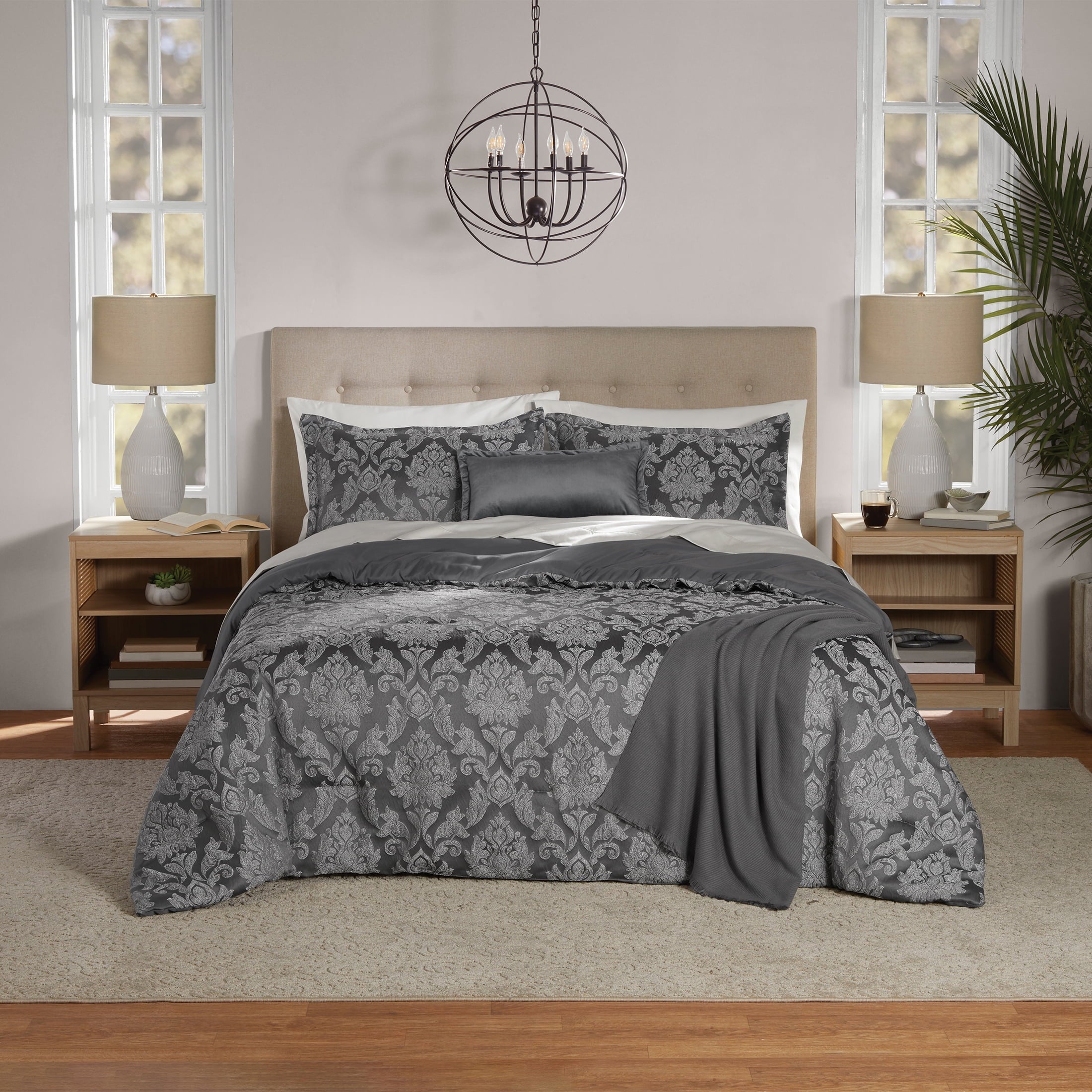 All-Season Full/Queen Comforter Set, All-Season, 5-Piece, Grey Jacquard Damask - Hypoallergenic Ultra-Fluffy Quilt for Winter - Default Title