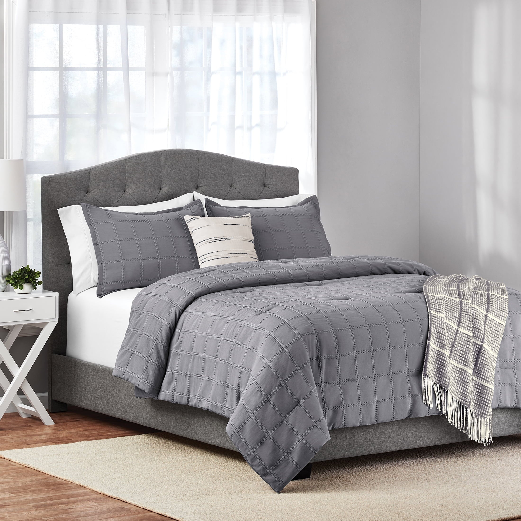 Heavyweight Warmth Full/Queen Comforter Set, All-Season, 5-Piece, Grey Waffle Check - Luxurious Quilted Duvet Cover Set - Default Title