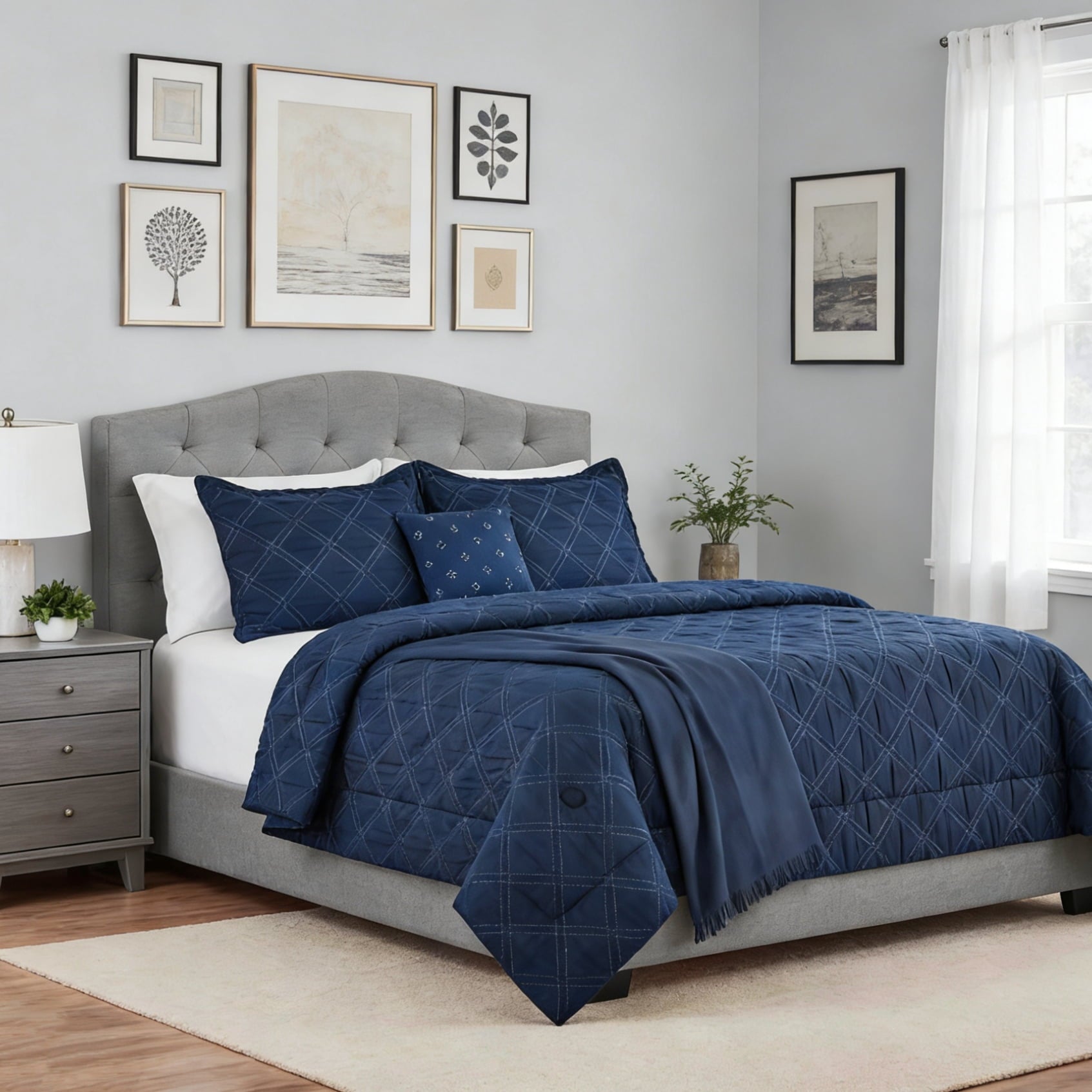 Luxurious Quilted 5-Piece Reversible Comforter Set Navy Cross Stitch Bedding with Decor Pillow and Throw, Full/Queen - Cloud-Like Soft Lightweight Bed Comforter - Default Title