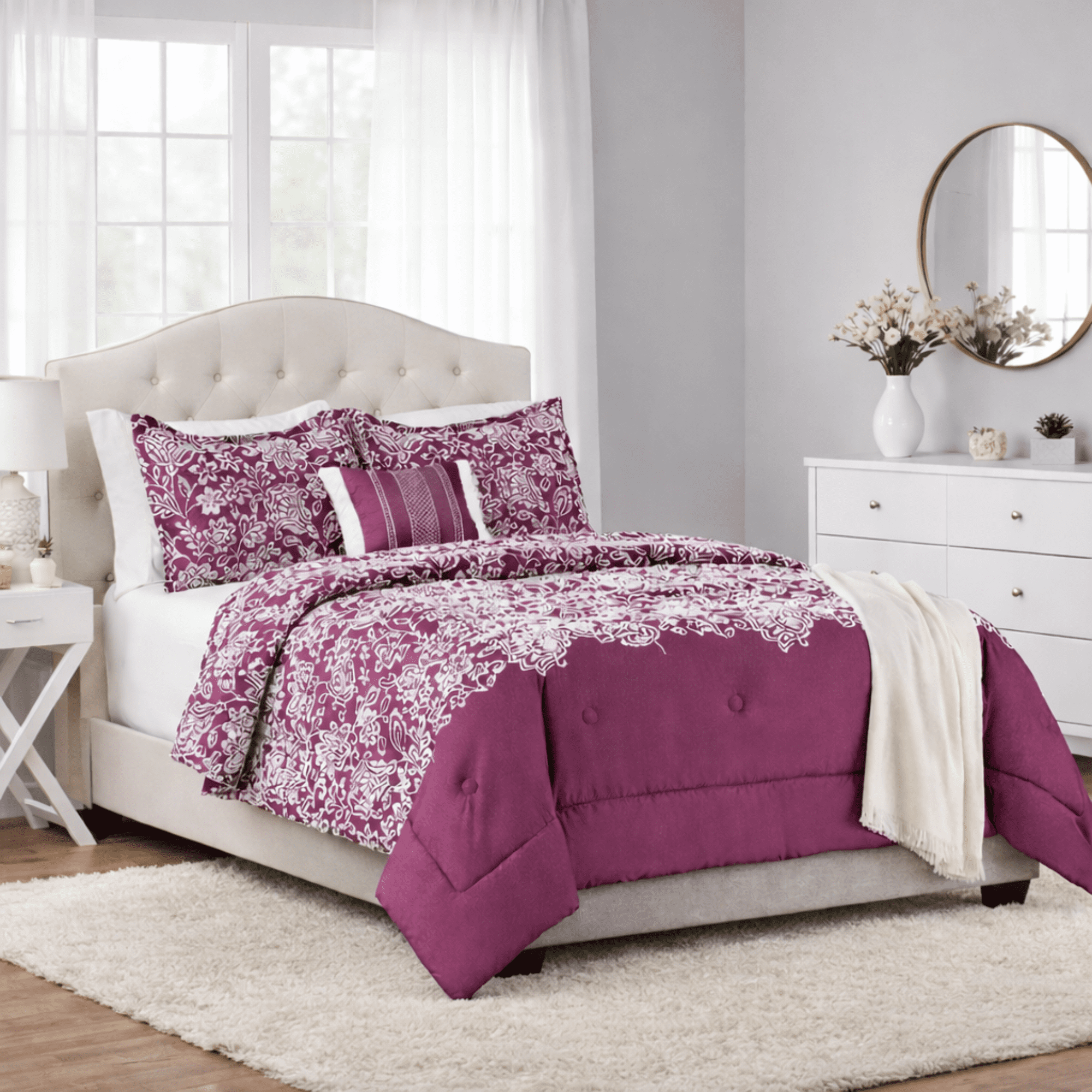 Heavyweight Warmth 5-Piece Jacquard Comforter Set with Decor Pillow and Throw Purple Flocking Embroidery Bedding Set, Full/Queen - Luxurious Quilted Duvet Cover Set - Default Title