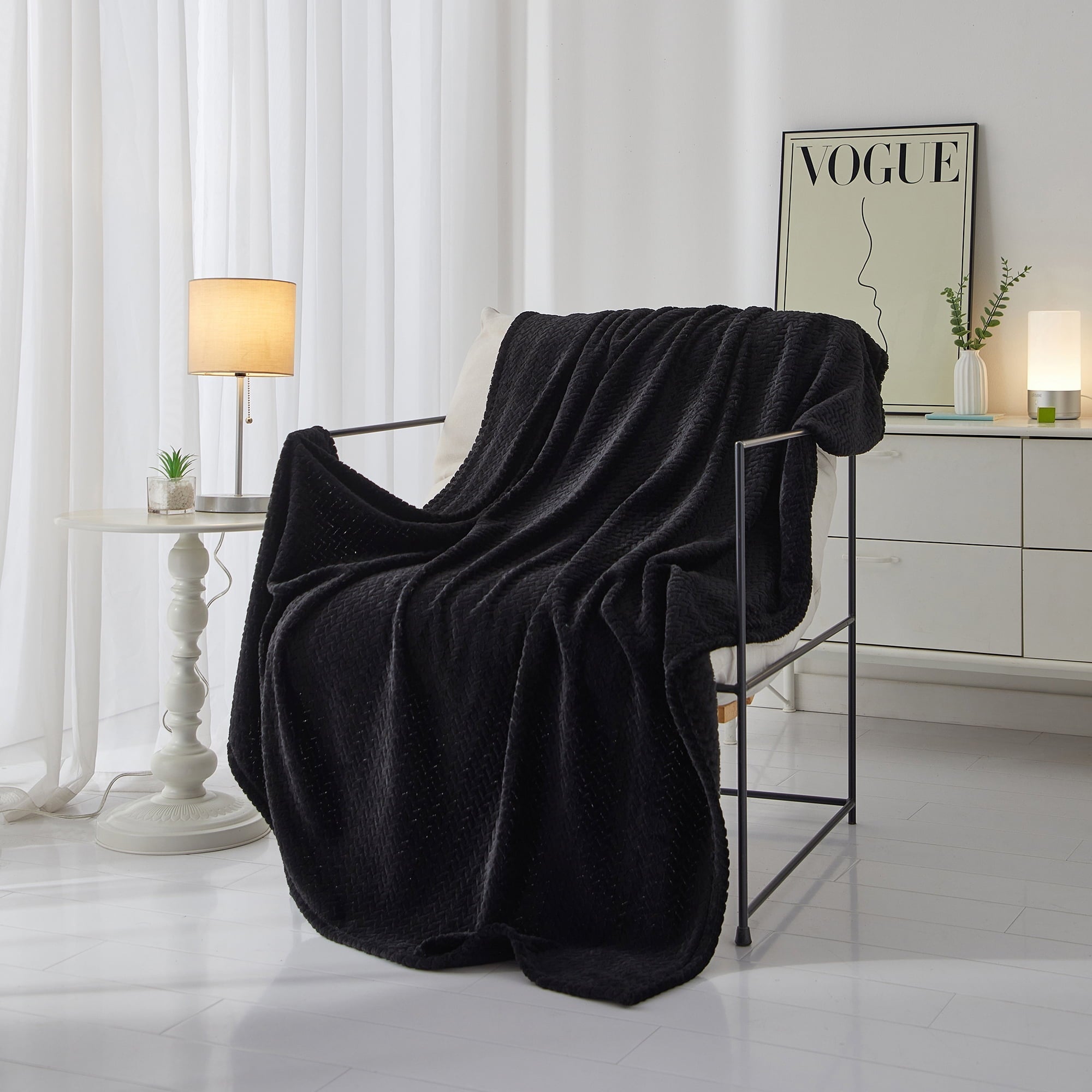 Lightweight Warm Cozy Textured Plush Throw Blanket, Black, 50"x60" All Ages - Luxury Knitted Decorative Throw Blanket with Fringes - Default Title