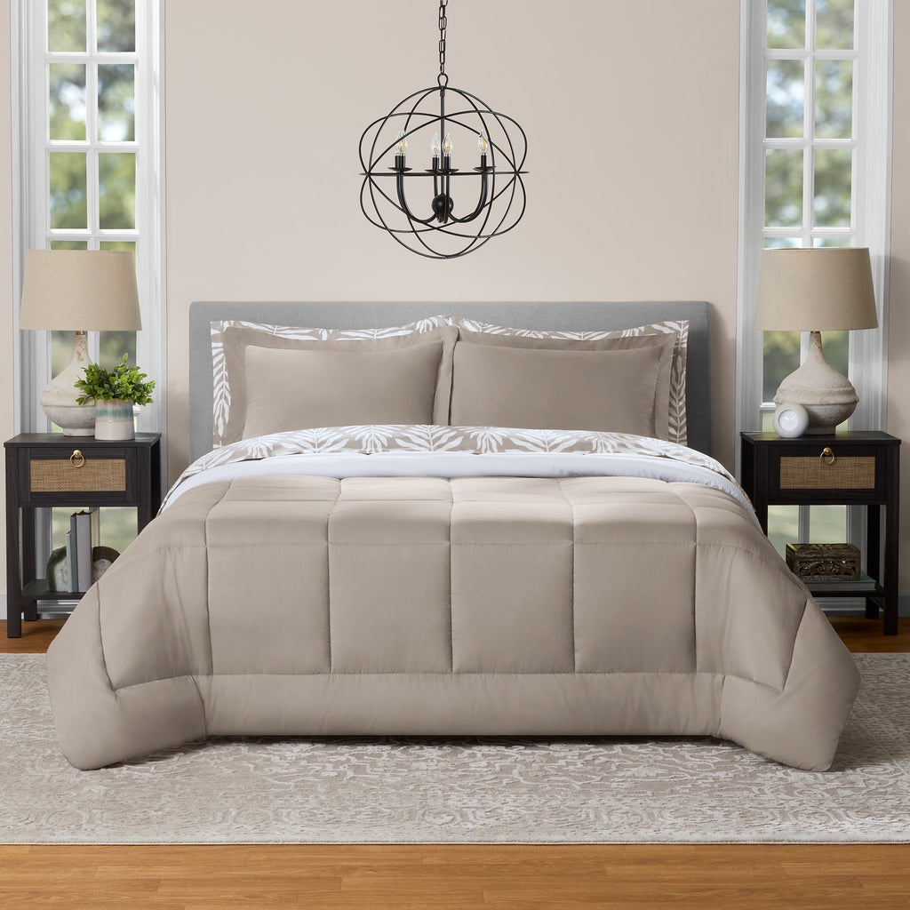 Fluffy Down Alternative All in One Reversible Comforter and Sheet Set- 7 Piece, Queen, Beige Palm - All-Season Down Alternative Comforter Insert - Default Title
