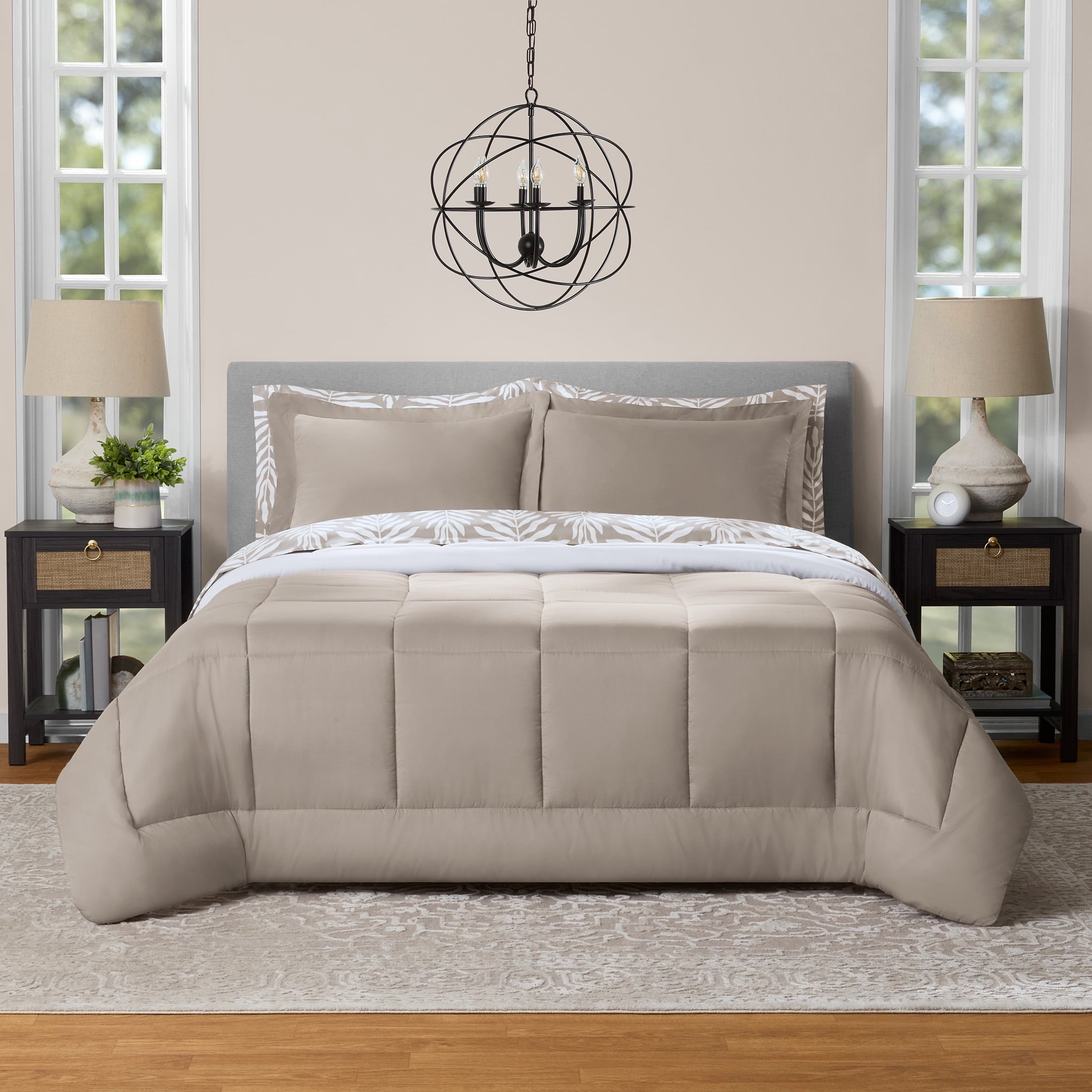 Fluffy Down Alternative All in One Reversible Comforter and Sheet Set- 7 Piece, Queen, Beige Palm - All-Season Down Alternative Comforter Insert - Default Title