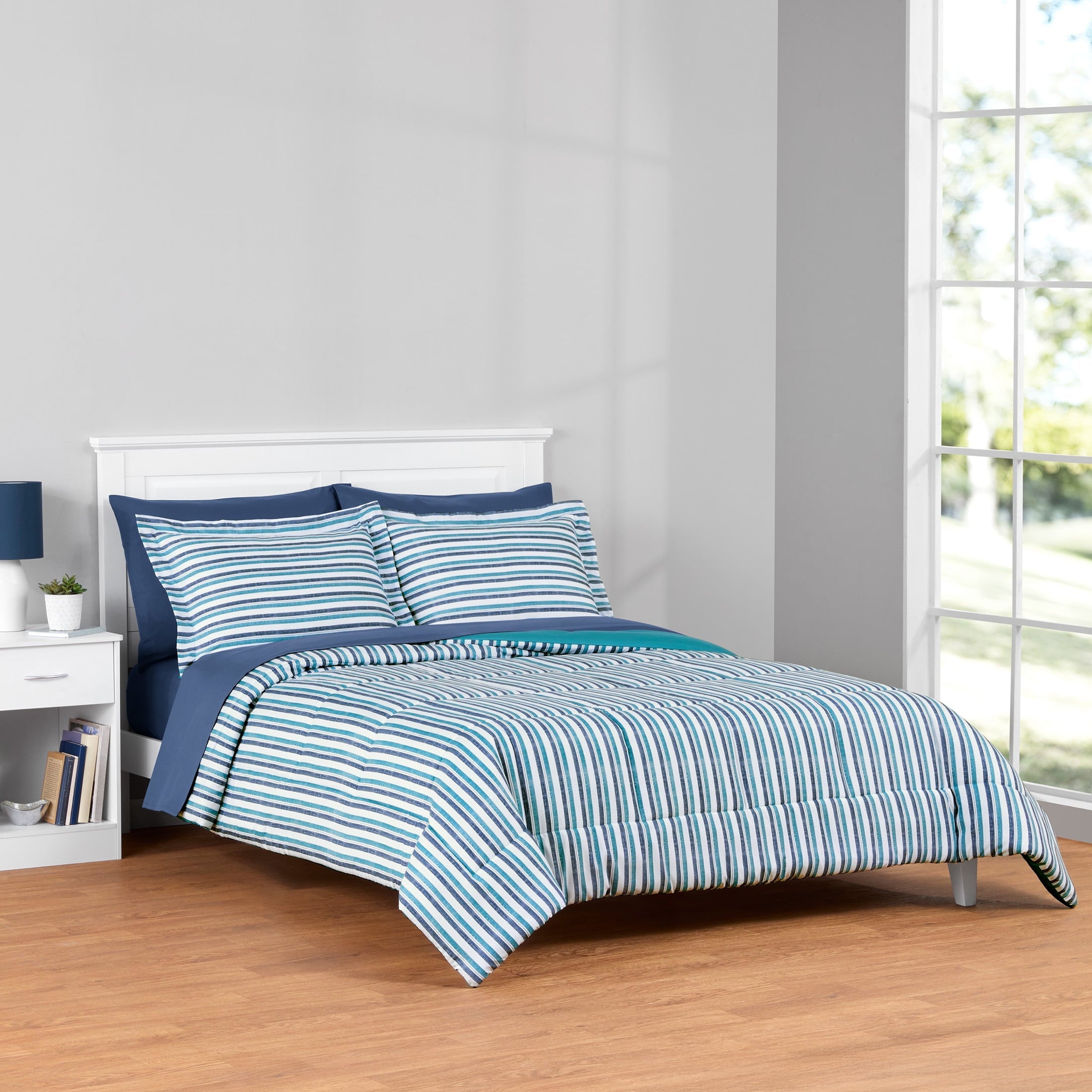 All-Season All in One Reversible Comforter and Sheet Set- 7 Piece, Queen, Blue Pinstripe - Hypoallergenic Ultra-Fluffy Quilt for Winter - Default Title