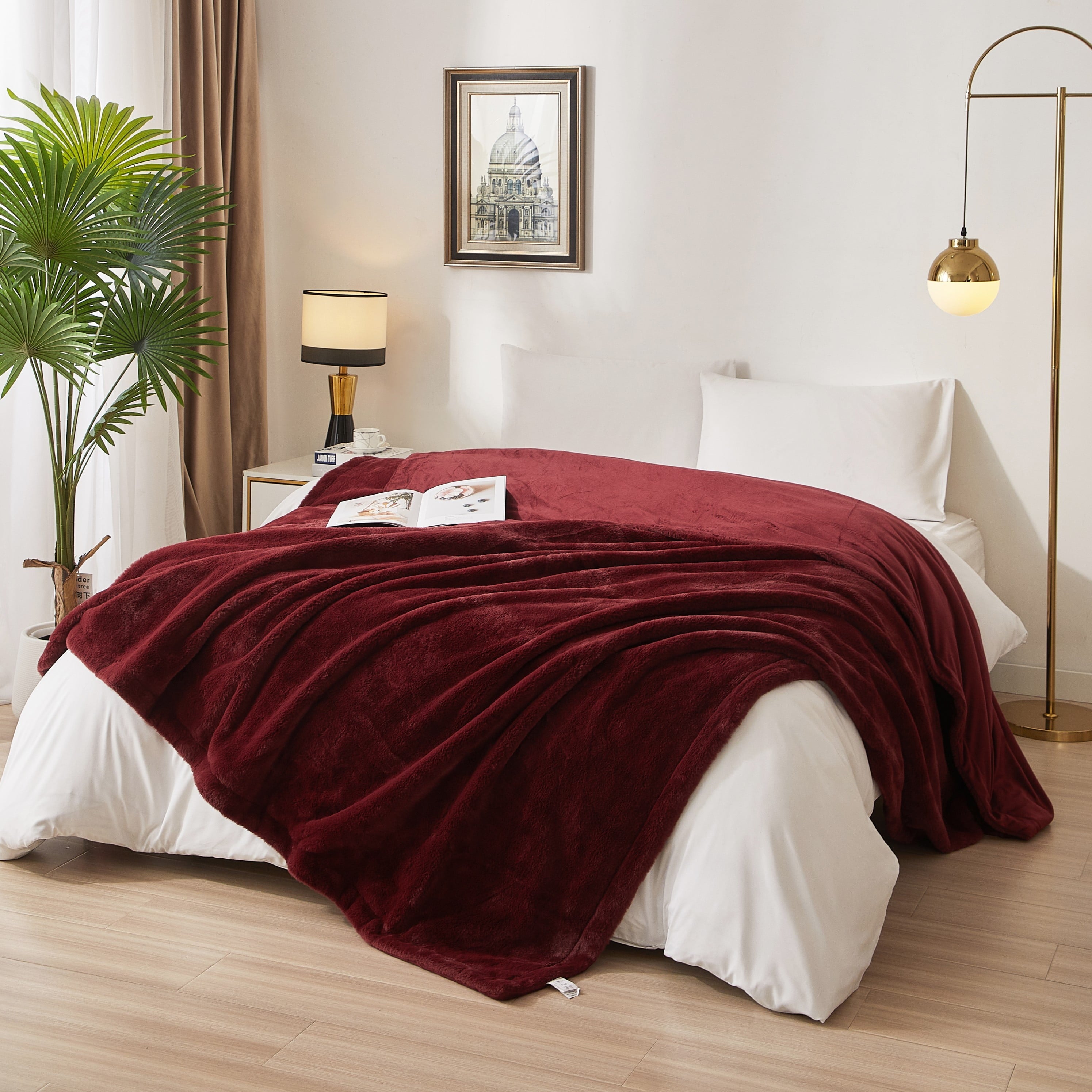 Reversible Sherpa Cozy Faux Fur Super Soft luxury Blanket, Full/Queen, Luscious Merlot - Luxury Knitted Decorative Throw Blanket with Fringes - Default Title