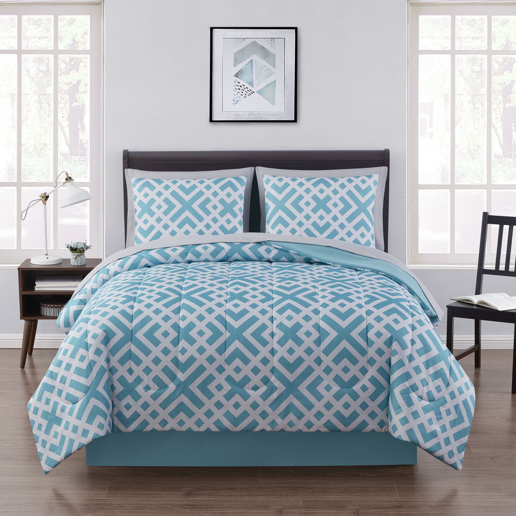 Luxurious Quilted Teal Geometric 6 Piece Bed in a Bag Comforter Set with Sheets, Twin/Twin-XL - Hypoallergenic Ultra-Fluffy Quilt for Winter - Default Title
