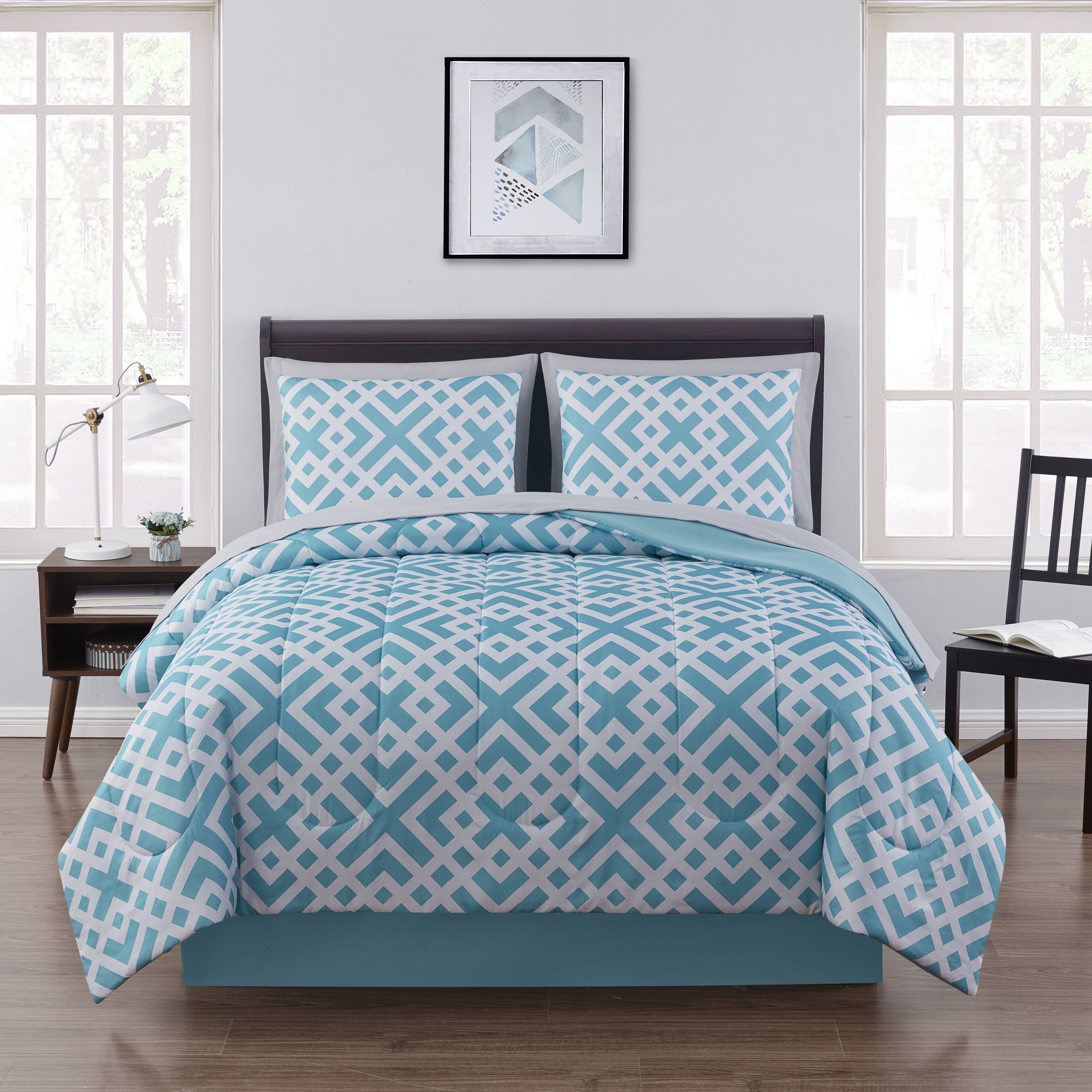 Luxurious Quilted Teal Geometric 6 Piece Bed in a Bag Comforter Set with Sheets, Twin/Twin-XL - Hypoallergenic Ultra-Fluffy Quilt for Winter - Default Title