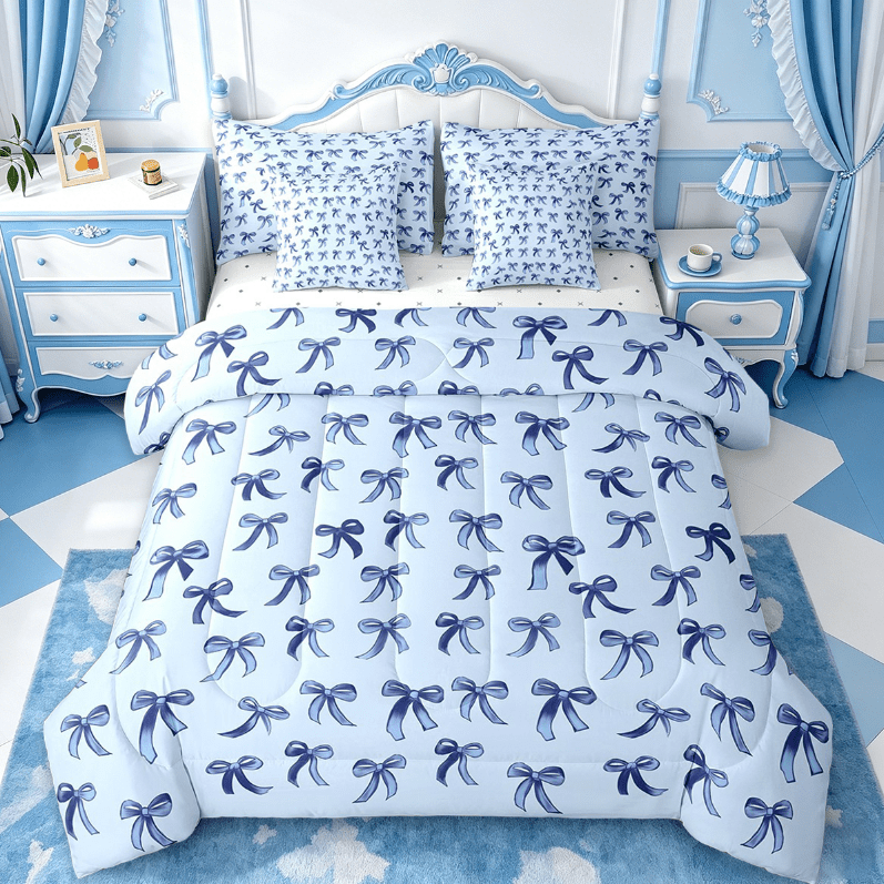 Luxurious Quilted Cute Bowknot Twin Bedding Sets 7-Piece,Girls Ribbon Bow Bedding Comforter Set,Dreamy Blue Sheet Sets For Girls,Super ... - Hypoallergenic Ultra-Fluffy Quilt for Winter - Default Title