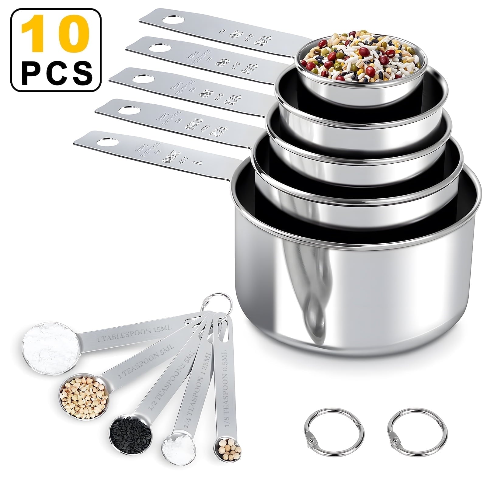 Non-Stick Safe Measuring Cups and Spoons Set of 10, 5 Stainless Steel Cups and 5 Spoons for Kitchen Cooking Baking - Premium Stainless Steel Cooking Utensil for Non-Stick Pots - Default Title