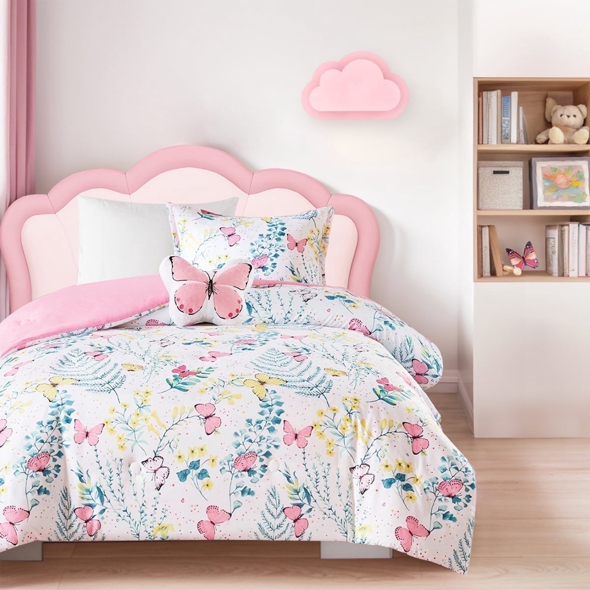 All-Season Full/Queen Size Comforter Sets, 4-Piece Kids Bedding Set for Girls, Butterfly Floral Comforter Bed Set, White/Pink - Cloud-Like Soft Lightweight Bed Comforter - Default Title