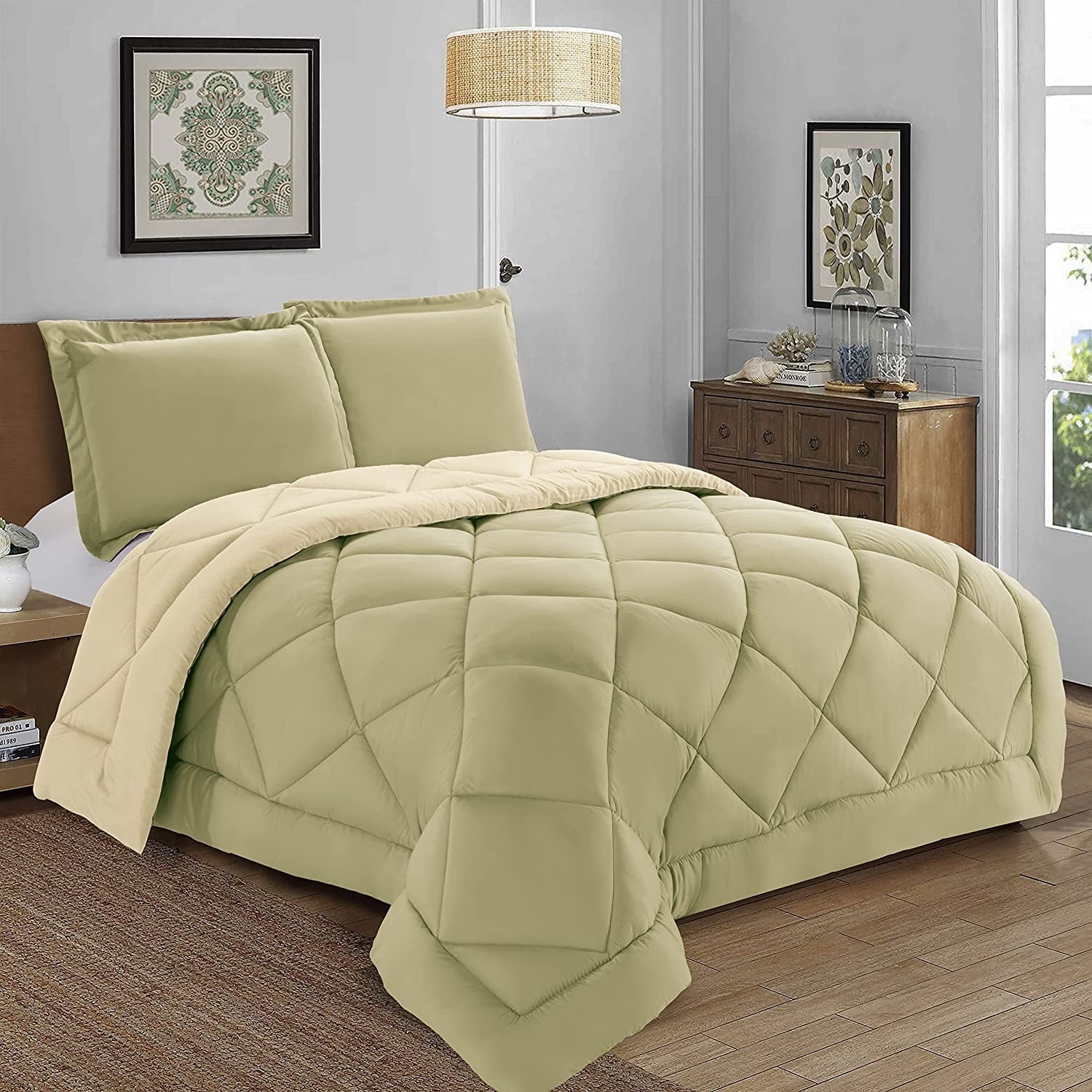 Fluffy Down Alternative 3-Piece Comforter Set - Reversible, Box Stitched Down Alternative, King/California King, All Season Suitable, Sage/Cream - All-Season Down Alternative Comforter Insert - Default Title