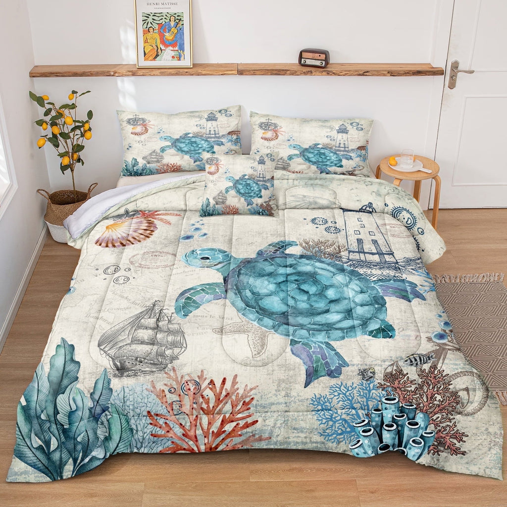 All-Season Sea Turtle Comforter Set Queen Ocean Beach Bedding Set Soft and Lightweight Retro Style Design Coastal Bedding Set - Cloud-Like Soft Lightweight Bed Comforter - Default Title