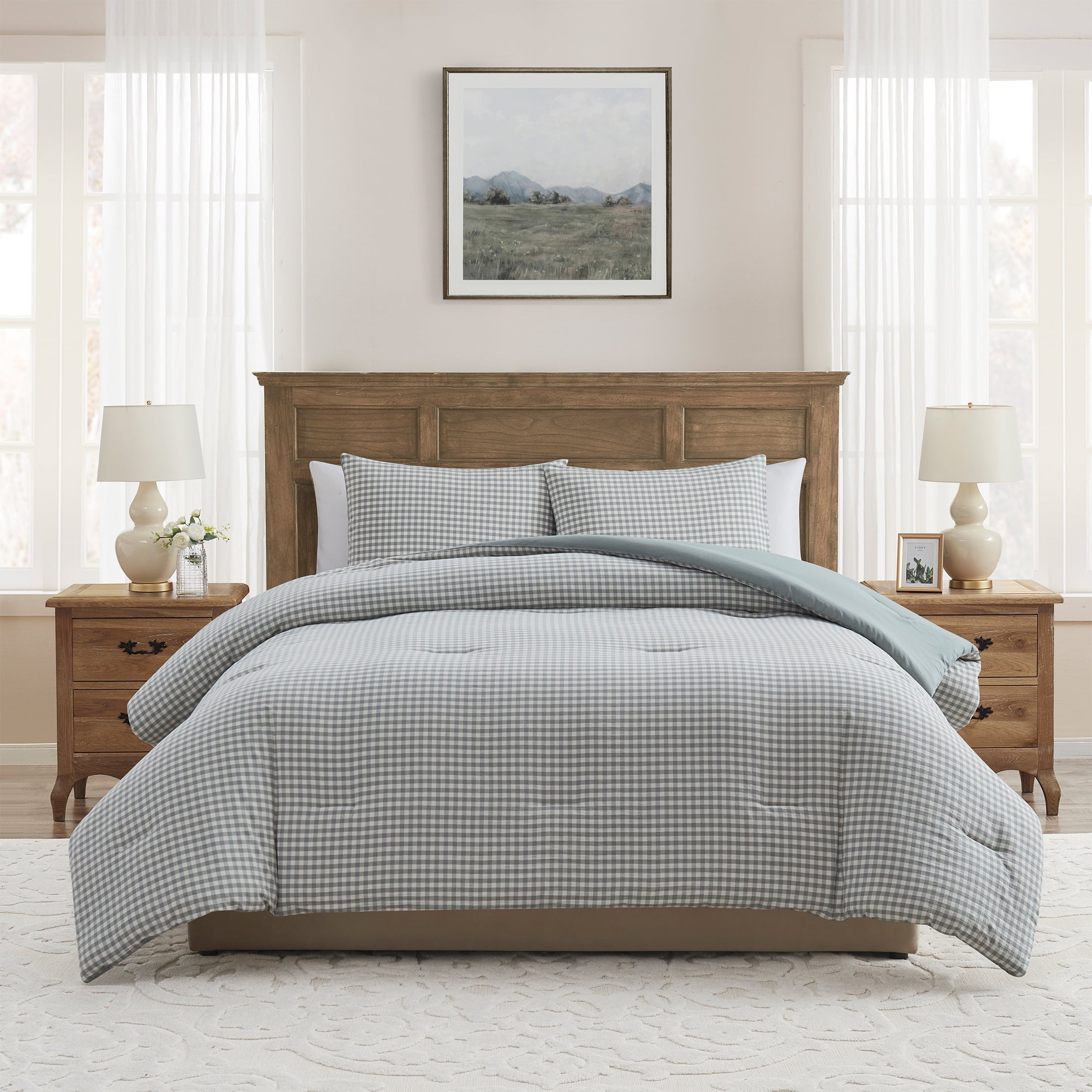 Hypoallergenic Cloud Full/Queen Comforter Set, All-Season, 3-Piece, Green Gingham Plaid - Cloud-Like Soft Lightweight Bed Comforter - Default Title