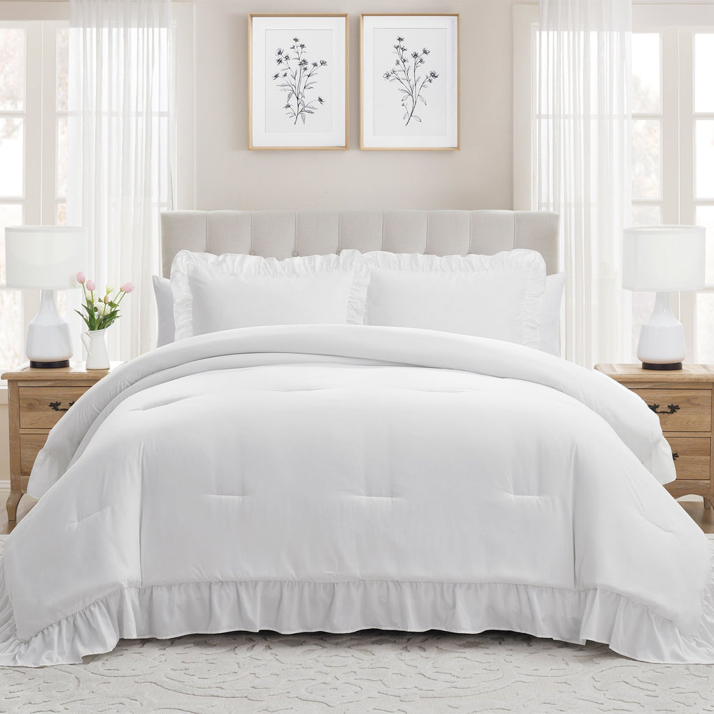 Luxurious Quilted Full/Queen Comforter Set, All-Season, 3-Piece, White Ruffle - Hypoallergenic Ultra-Fluffy Quilt for Winter - Default Title