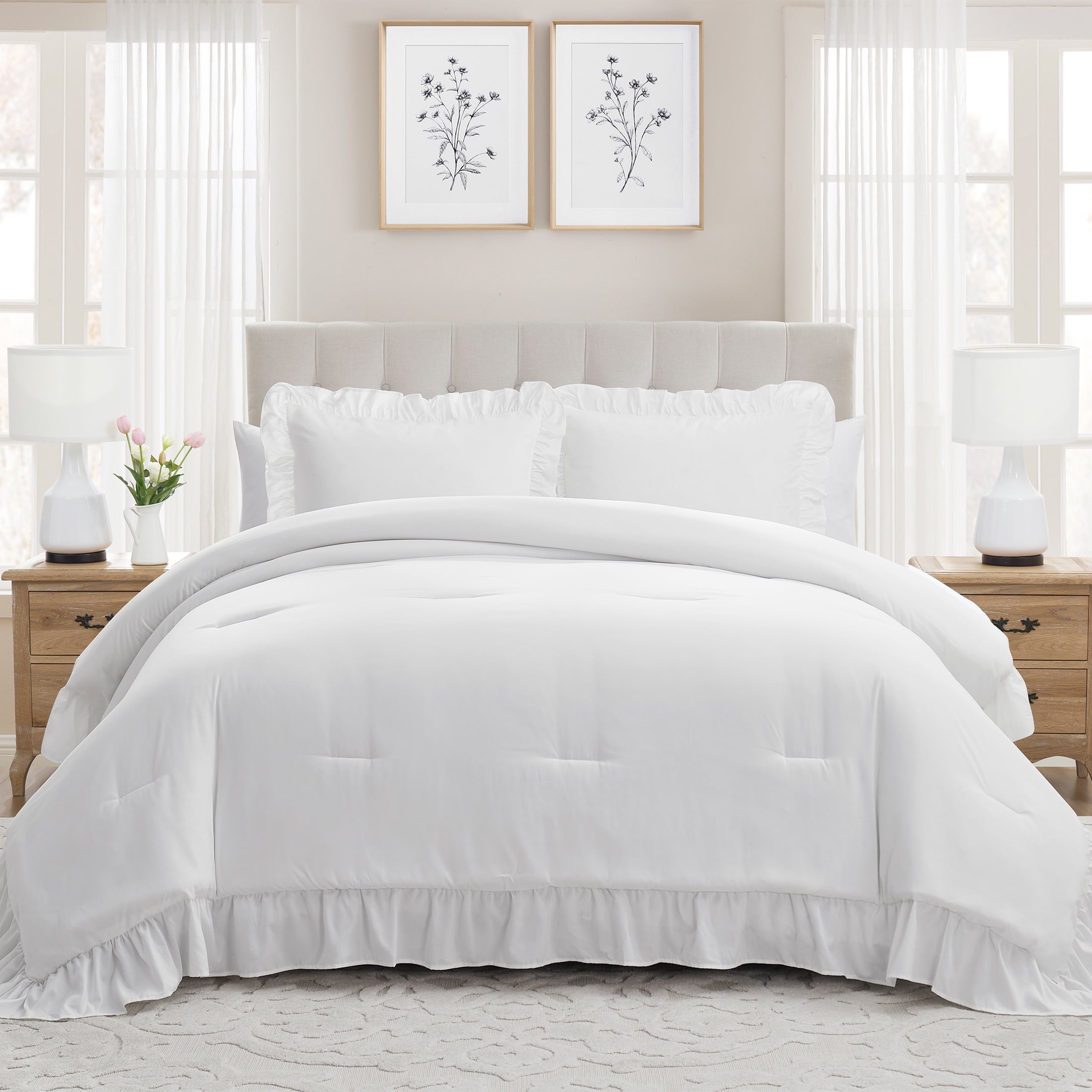 Luxurious Quilted Full/Queen Comforter Set, All-Season, 3-Piece, White Ruffle - Hypoallergenic Ultra-Fluffy Quilt for Winter - Default Title
