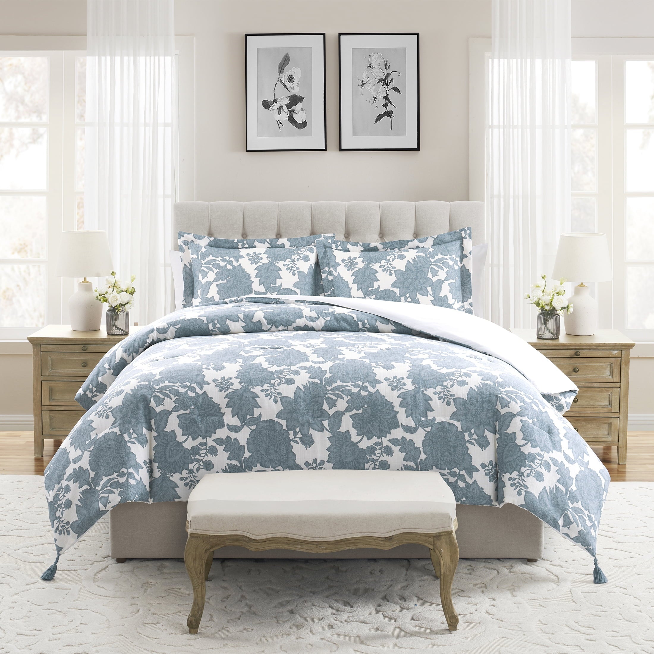 Luxurious Quilted Veronica 3-Piece Blue Floral Cotton Slub Comforter Set, King - Hypoallergenic Ultra-Fluffy Quilt for Winter - Default Title
