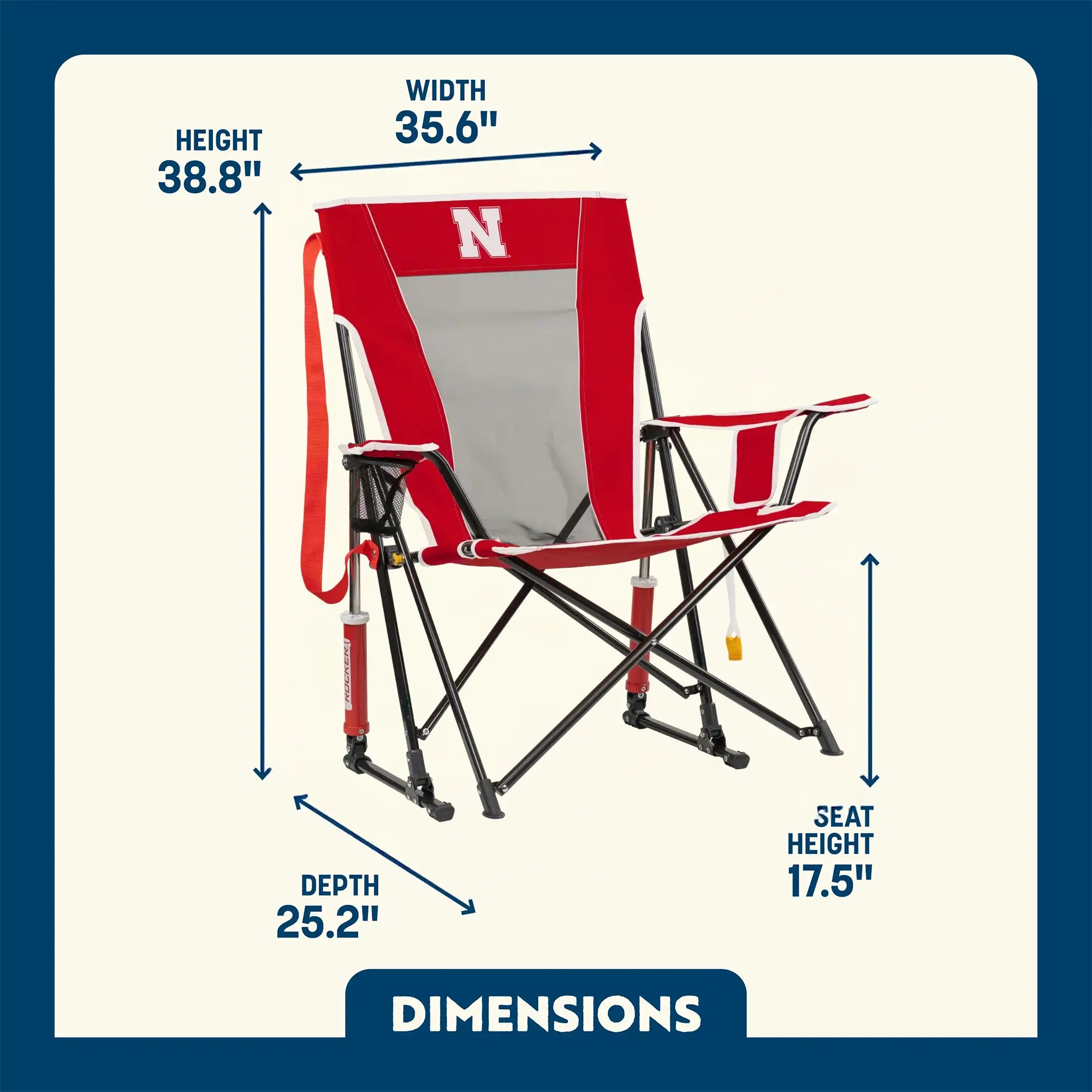 Smooth Motion College Comfort Pro Rocker - Nebraska Cornhuskers - Choice 161 - RoadTrip Rocker Smooth Motion Camp Chair Detail