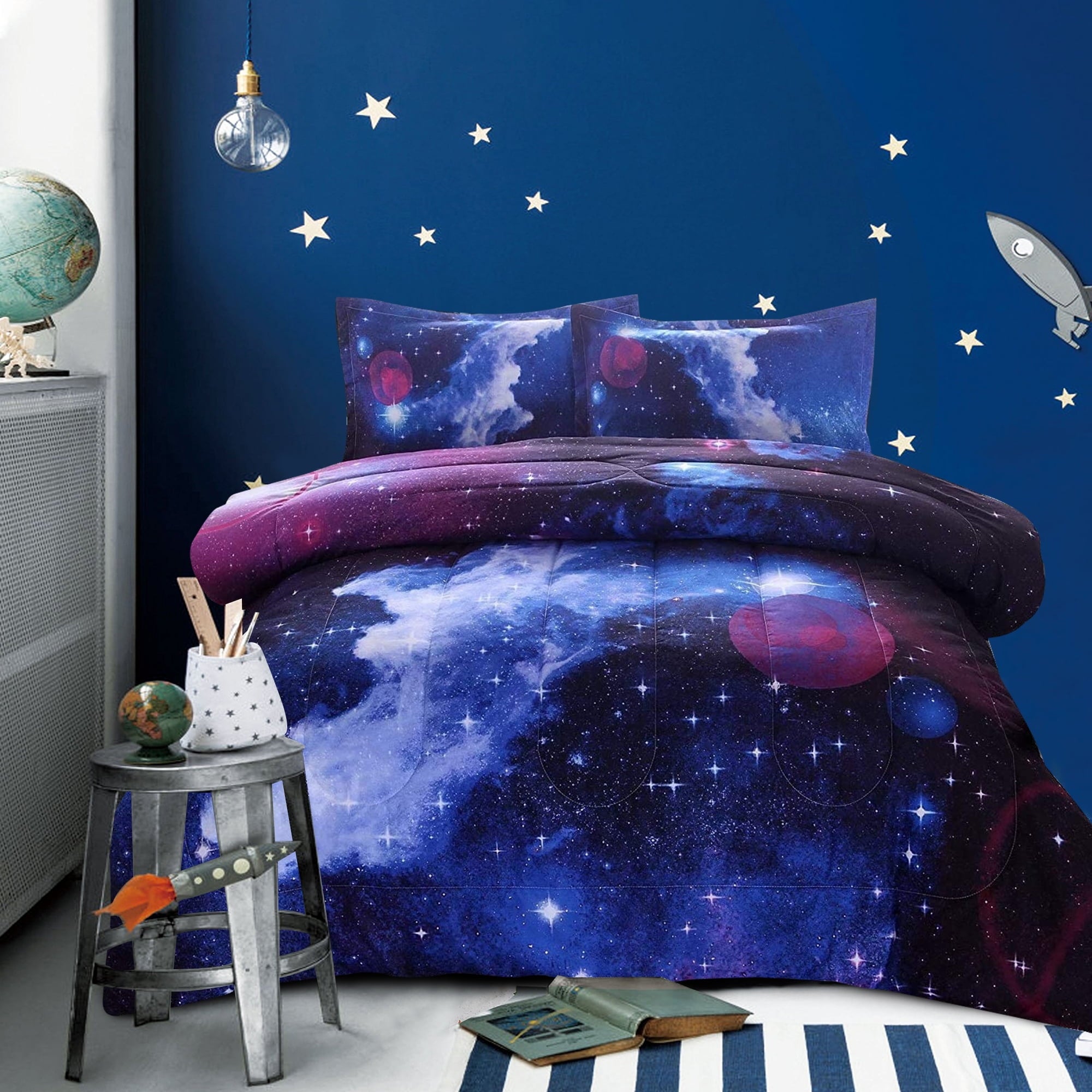 Fluffy Down Alternative Galaxy Bedding Sets Outer Space Comforter 3D Printed Space Quilt Set Full Size for Kids Blue - Hypoallergenic Ultra-Fluffy Quilt for Winter - Default Title