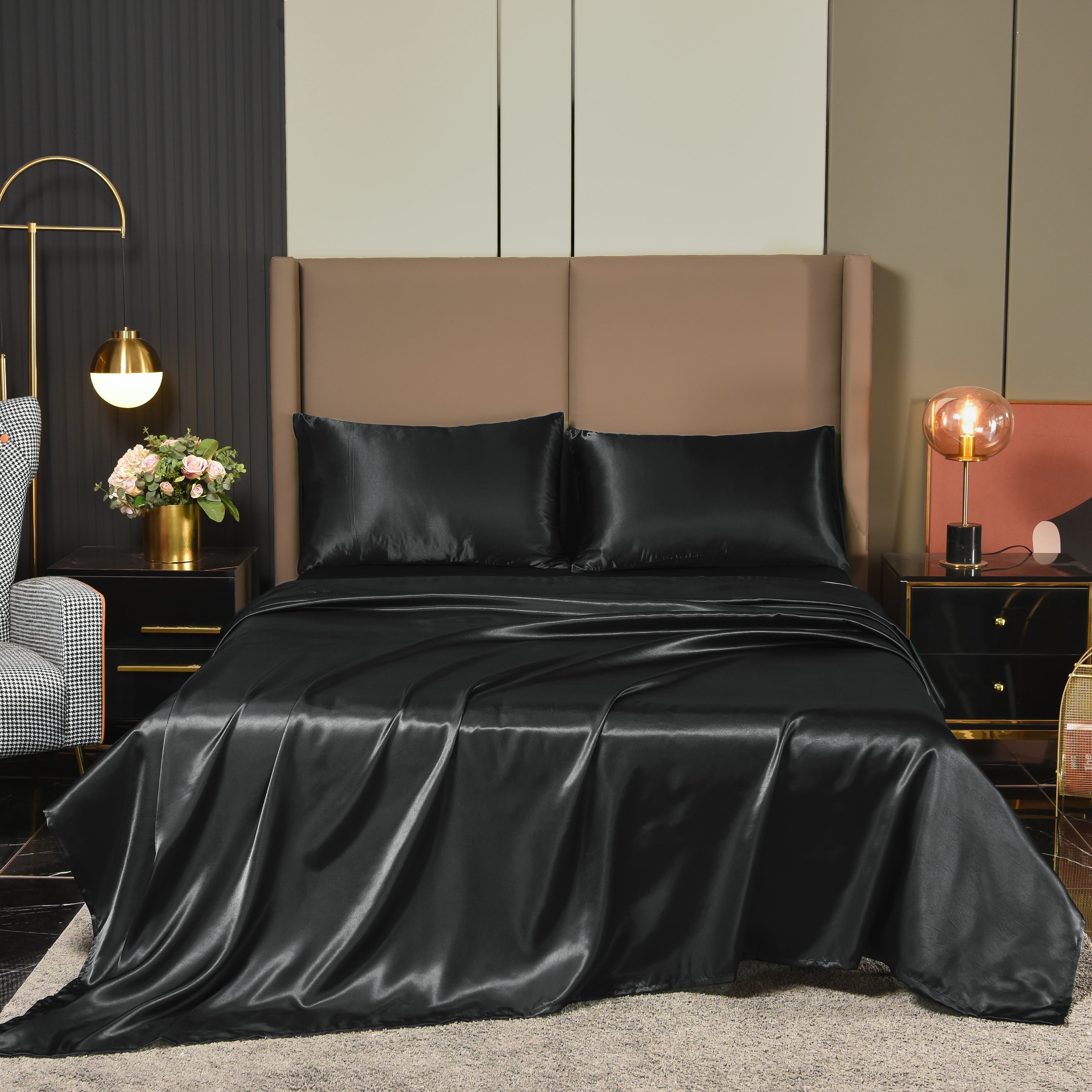 Premium Egyptian Cotton Satin Sheets Full Black Luxury Silky Bed Sheets 1800 Microfiber Sheet Set 4 Pcs - Luxury Bed Sheet Set with Deep Pockets - Default Title