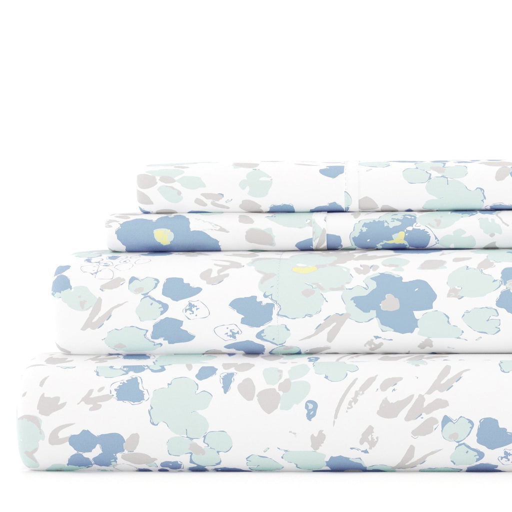 Ultra-Soft 4 Piece Pattern Microfiber Bed Sheets Set, Light Blue Violets, Full - Breathable Egyptian Cotton Flat & Fitted Sheets - Default Title