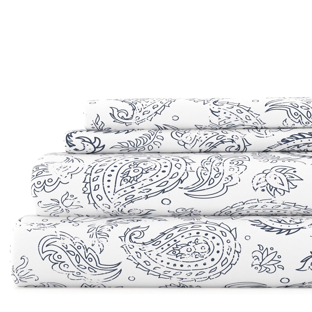 Breathable Luxury 4 Piece Pattern Microfiber Bed Sheets Set, Navy Coarse Paisley, Full - Cooling Hotel Quality Bedding Sheets and Pillowcases - Default Title
