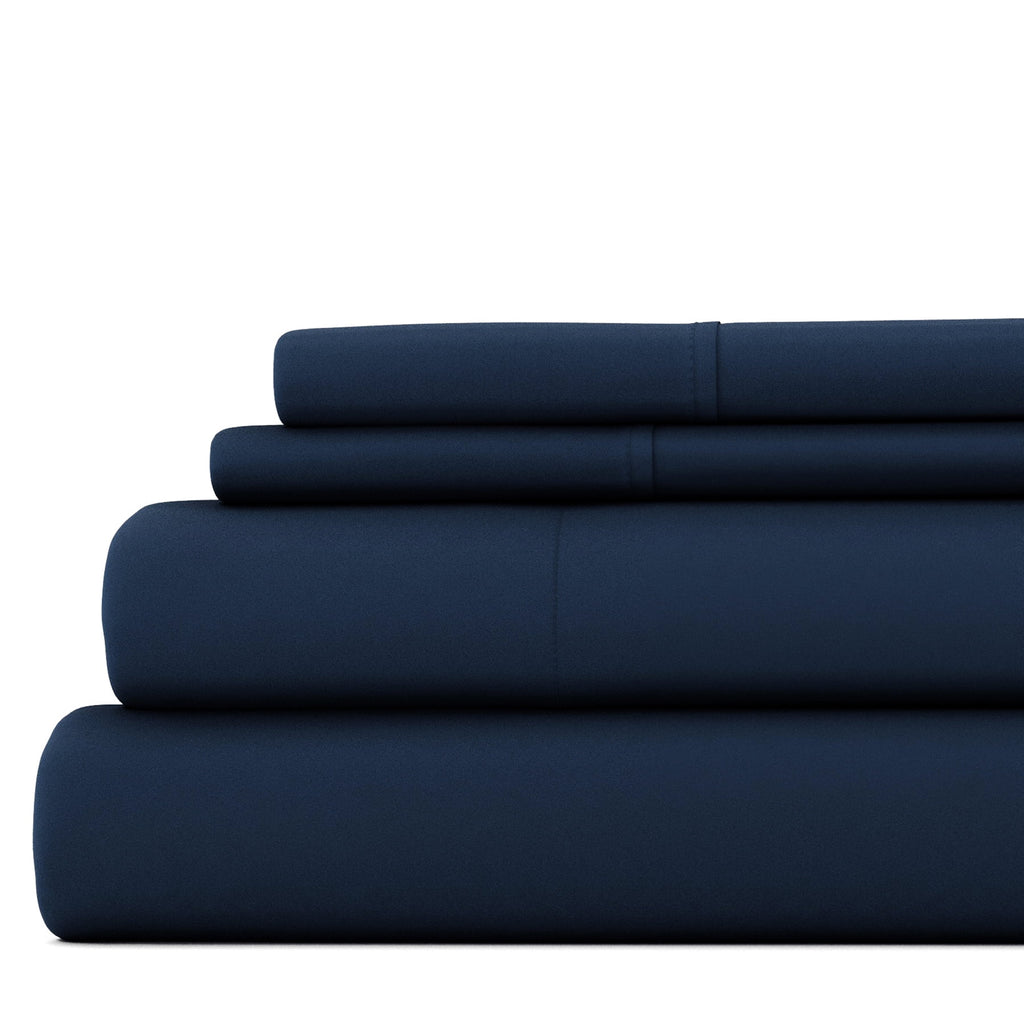 Cooling Sateen 4 Piece Solid Microfiber Bed Sheet Set, Navy, Queen - Cooling Hotel Quality Bedding Sheets and Pillowcases - Default Title