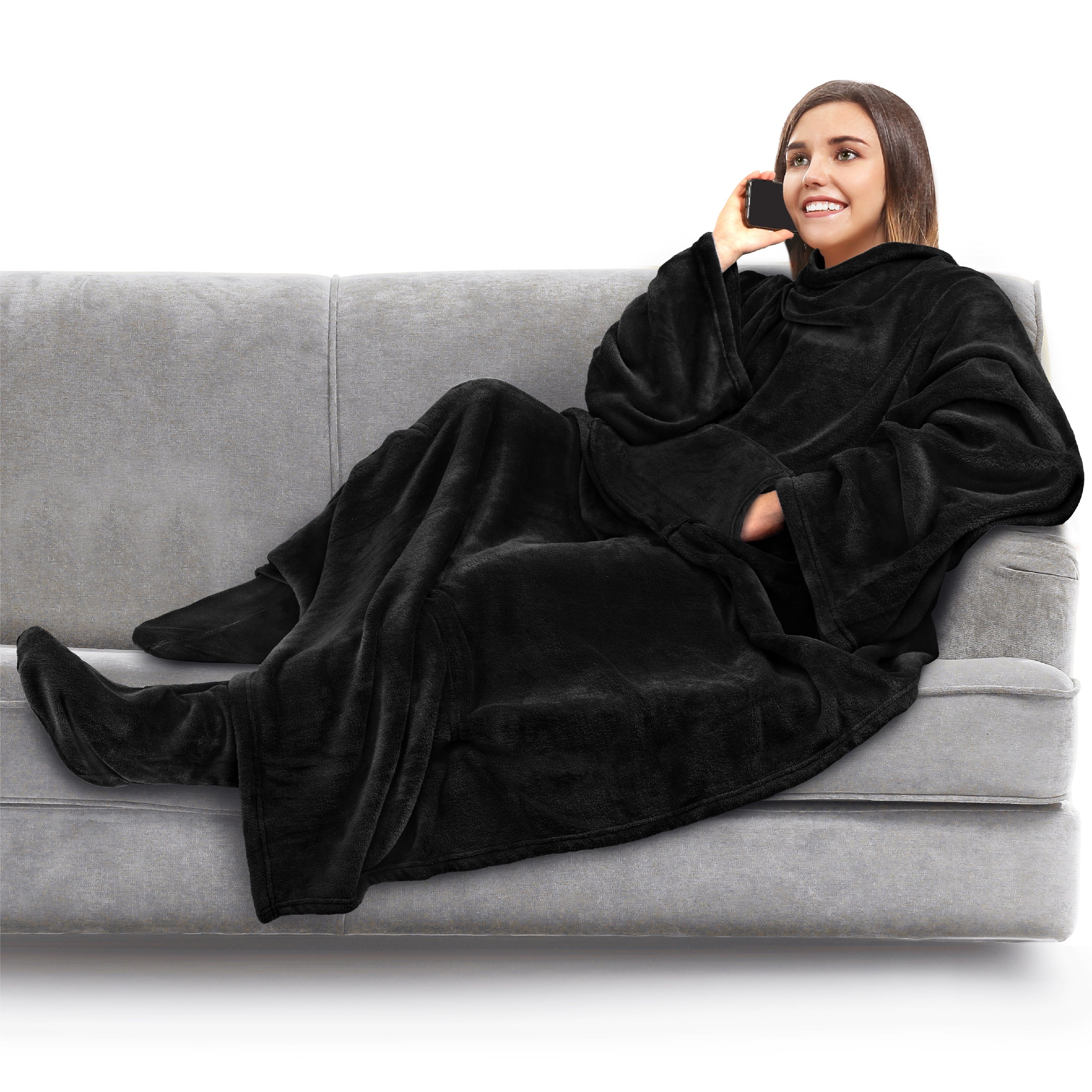 Lightweight Warm Fleece Blanket with Sleeves, Foot Pockets for Women Men Adults, Plush Wearable Blanket Throw Wrap, Warm Snuggle Blank... - Super Soft Reversible Sherpa Flannel Blanket - Default Title