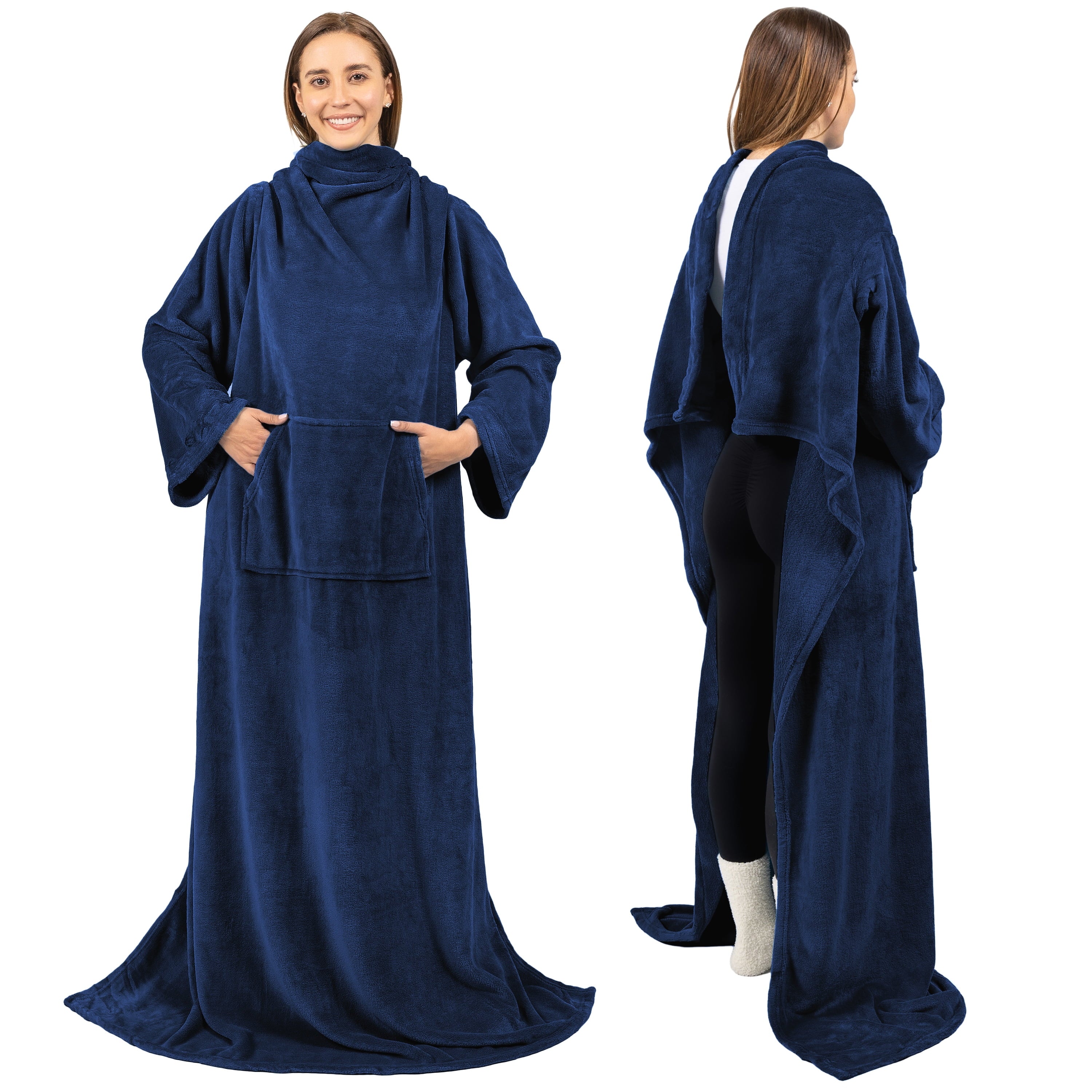 Decorative Knitted Navy Blue Fleece Wearable Blanket with Sleeves for Adults Women Men, Soft Warm Full Body Wrap Throw, Sweatshirt Pocke... - Lightweight Plush Warm Blanket for All Seasons - Default Title