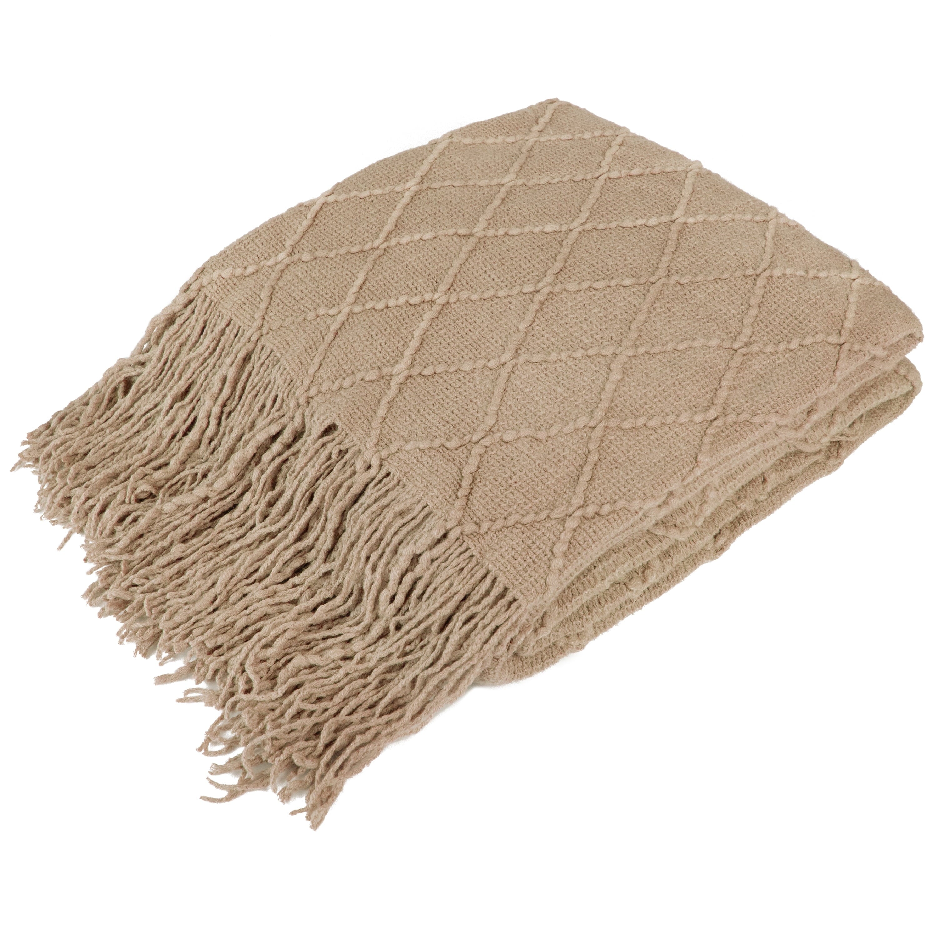 Reversible Sherpa Tan Taupe Knit Throw Blanket for Couch Bed, Soft Knitted Farmhouse Sofa Throw for Living Room, Lightweight Decorative... - Luxury Knitted Decorative Throw Blanket with Fringes - Default Title