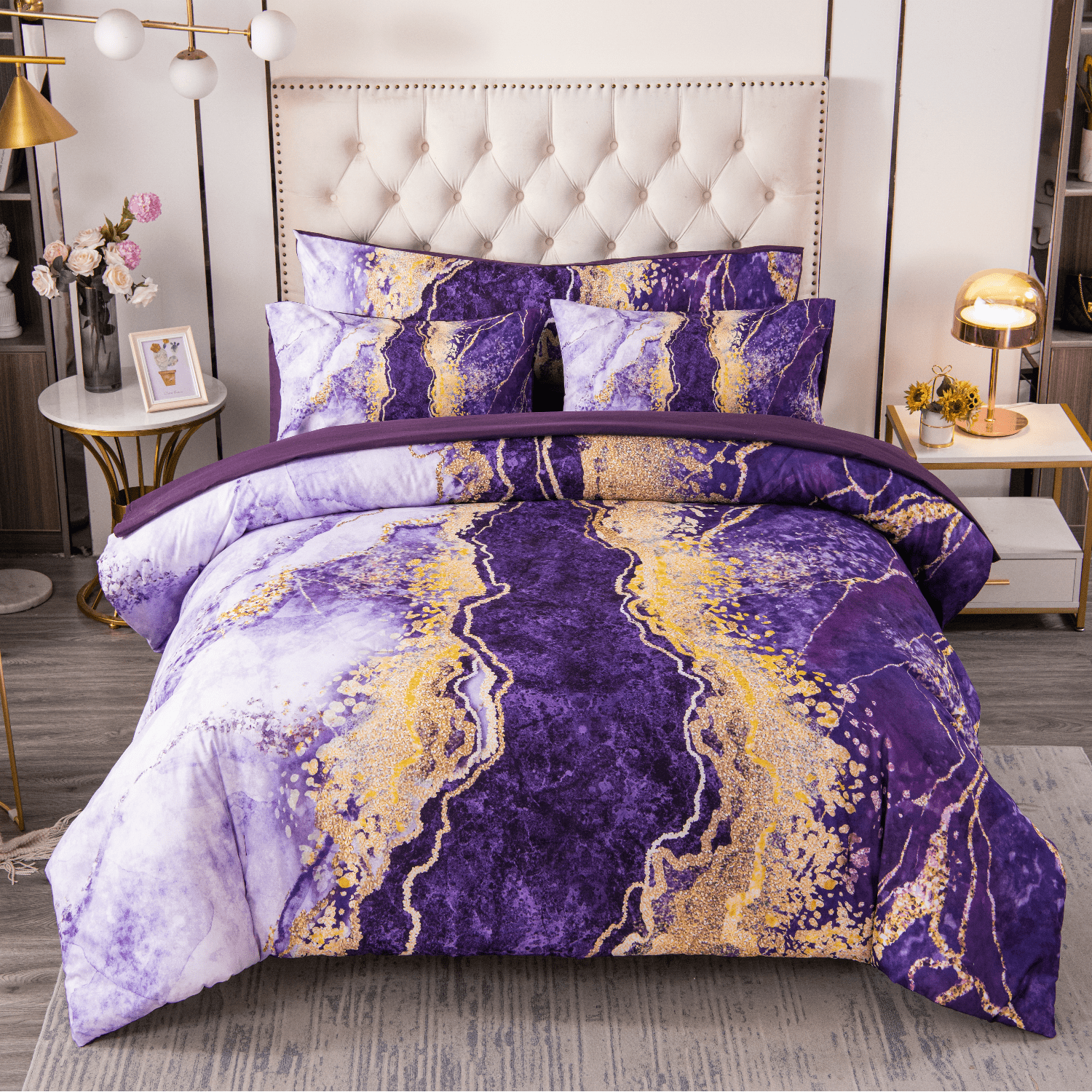Heavyweight Warmth 6 Pieces Queen Size Comforter Set Purple,Watercolor Marble Colorful Purple Bedding,Ultra Soft Purple Bed Set with Com... - All-Season Down Alternative Comforter Insert - Default Title