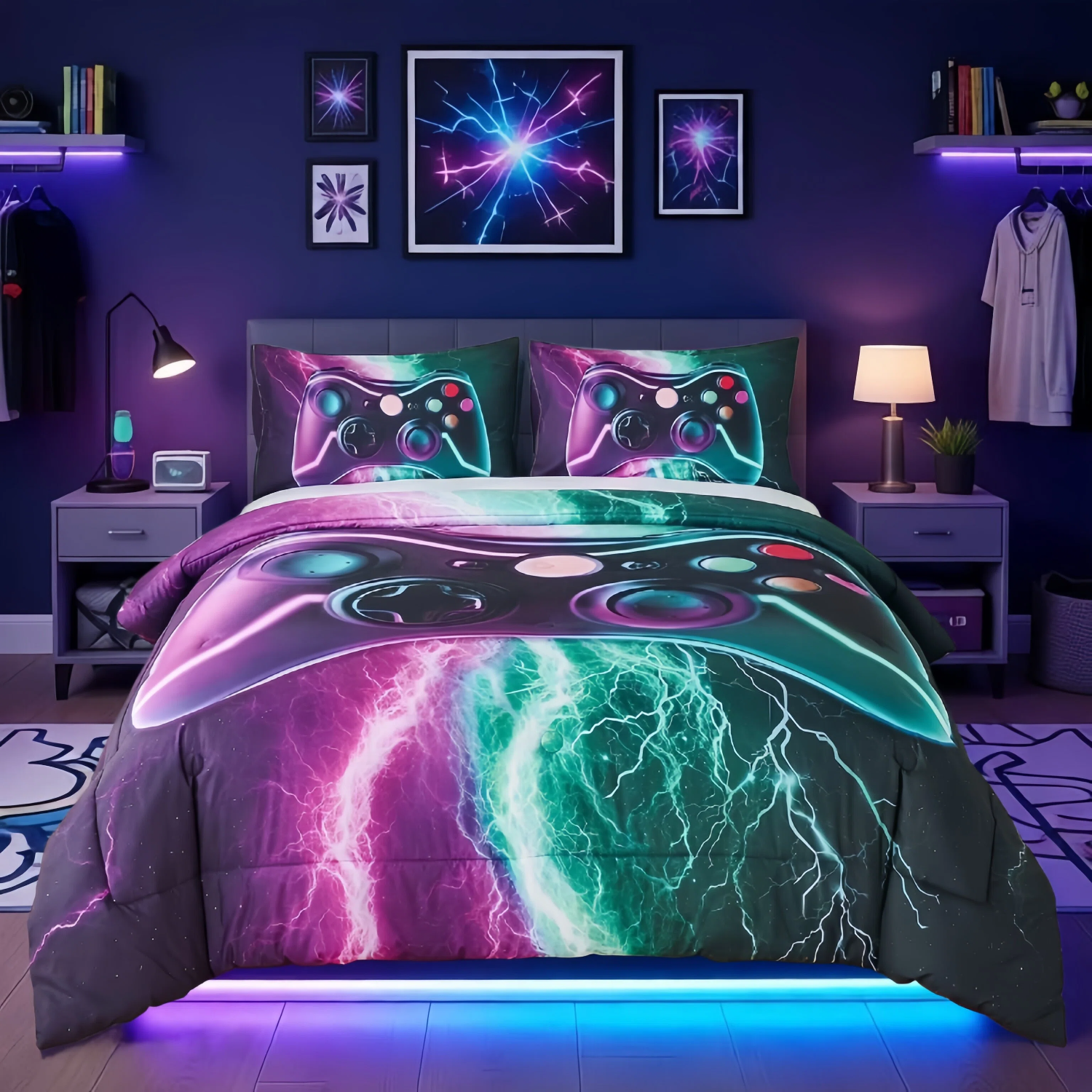 Luxurious Quilted Queen Size Gaming Comforter Set for Boys,3-Piece 3D Green Purple Lightning Game Controller Bedding Set for Kids Teens - Cloud-Like Soft Lightweight Bed Comforter - Default Title