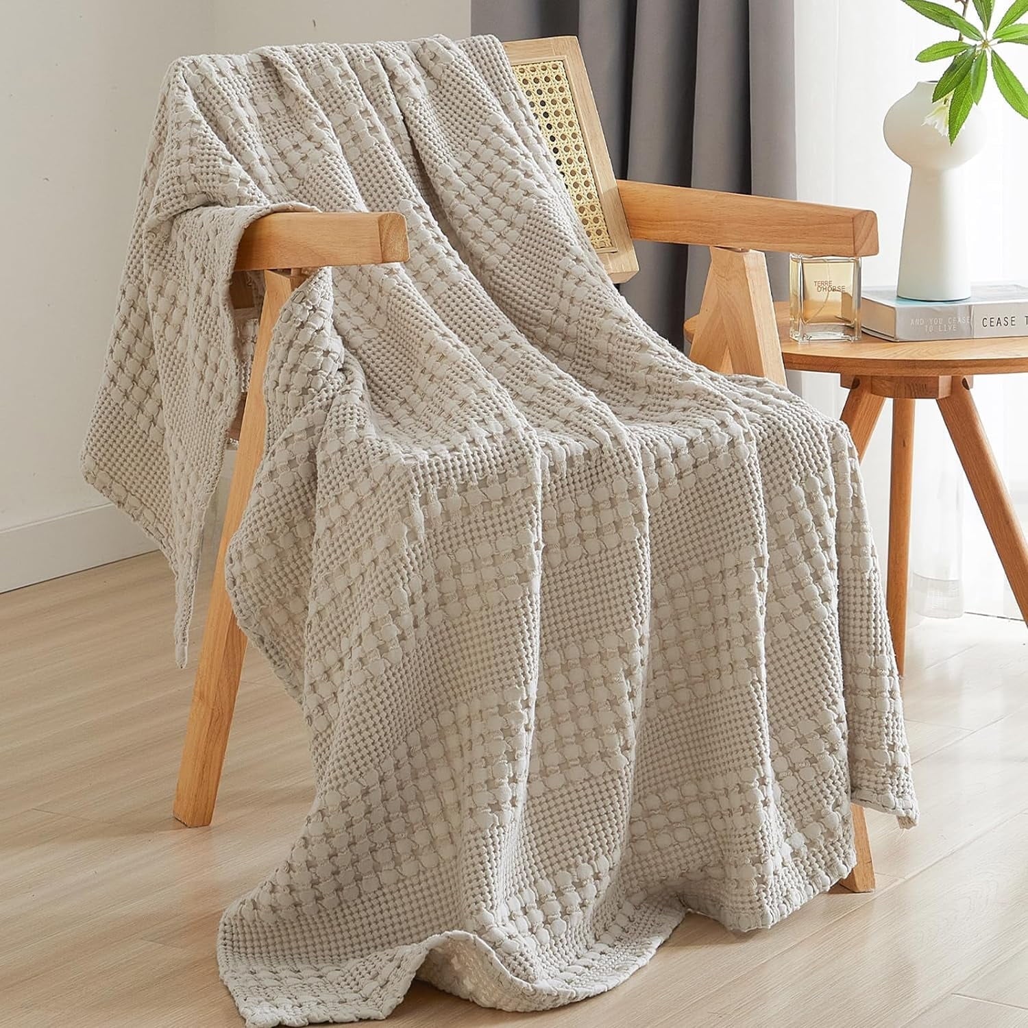 Super Soft Flannel 100% Cotton Waffle Weave Blanket, Lightweight Throw Washed Blanket for Bed Sofa Home Decor, Oatmeal, 50"x60" - Luxury Knitted Decorative Throw Blanket with Fringes - Default Title