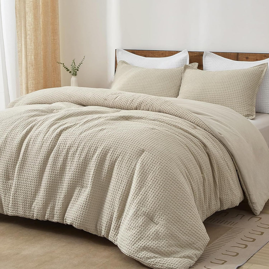 Luxurious Quilted 3-Piece Waffle Weave Comforter Set Queen Size, Lightweight Comfy Bedding Set for All Season, Ultra Soft Textured 1 Co... - Hypoallergenic Ultra-Fluffy Quilt for Winter - Default Title