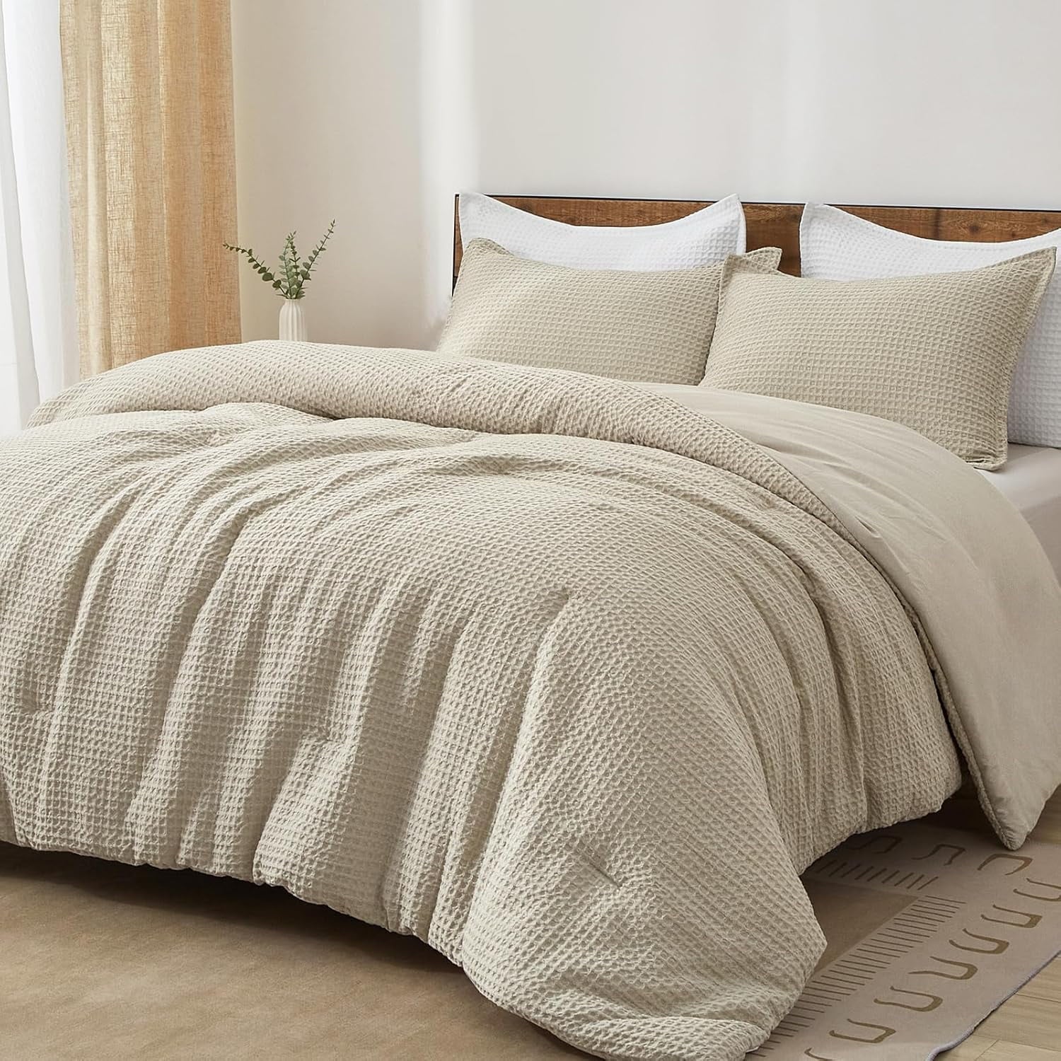 Luxurious Quilted 3-Piece Waffle Weave Comforter Set Queen Size, Lightweight Comfy Bedding Set for All Season, Ultra Soft Textured 1 Co... - Hypoallergenic Ultra-Fluffy Quilt for Winter - Default Title