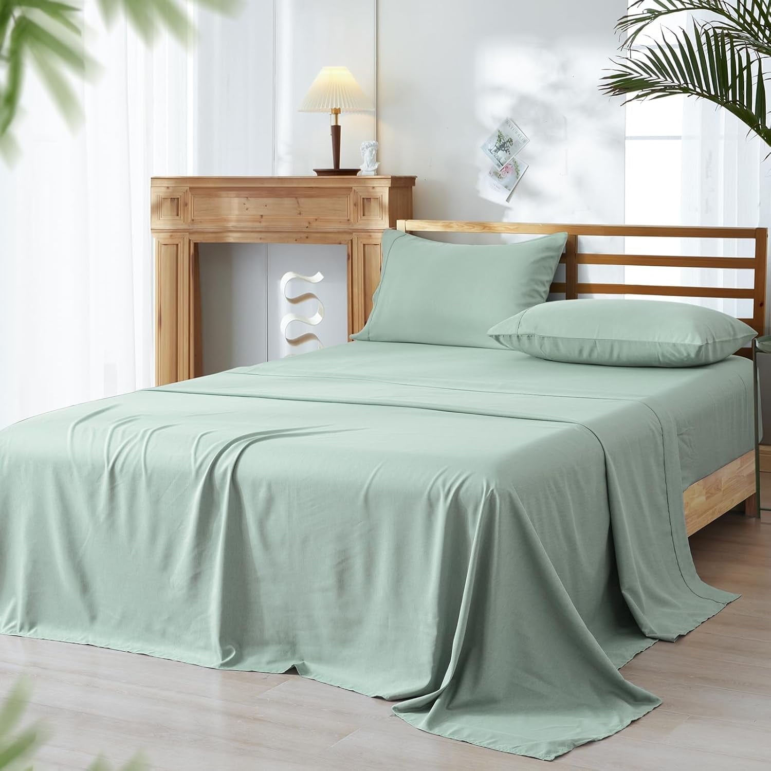 Cooling Sateen Bamboo Bed Sheet Sets, 4 Pieces King Silky Soft Bedding Sheets, 1800 Thread Count 16 Inch Deep Pockets, Sage Green - Breathable Egyptian Cotton Flat & Fitted Sheets - Default Title